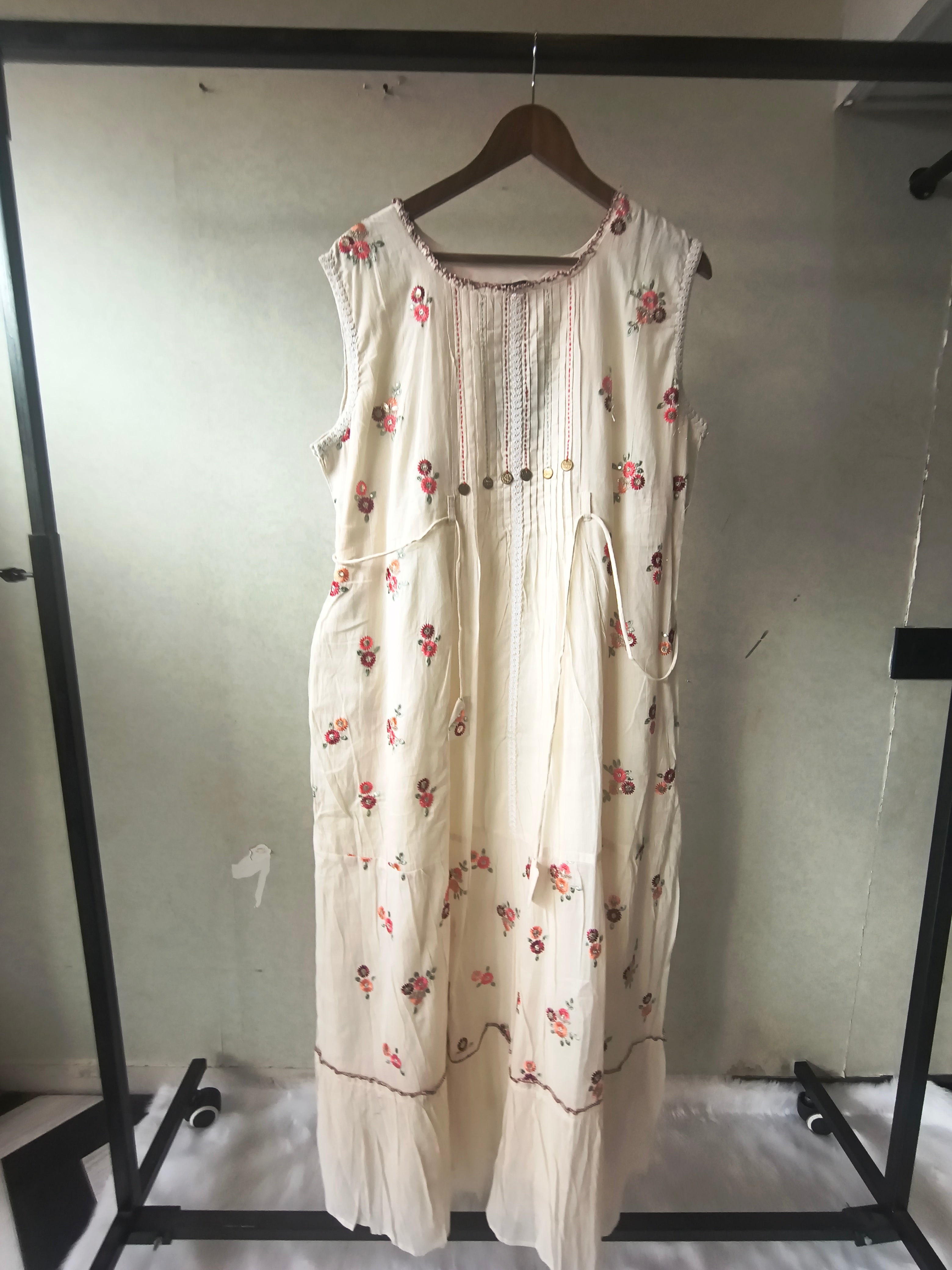 Image of Premium Ivory Floral Embroidered Sleeveless Tiered Maxi Dress with Pintuck Detailing