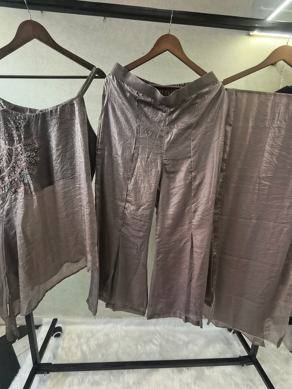 Steel Grey Asymmetrical Embroidered Indo-Western Kurta Set with Straight Pants & Dupatta – 3 Piece Designer Co-Ord Set