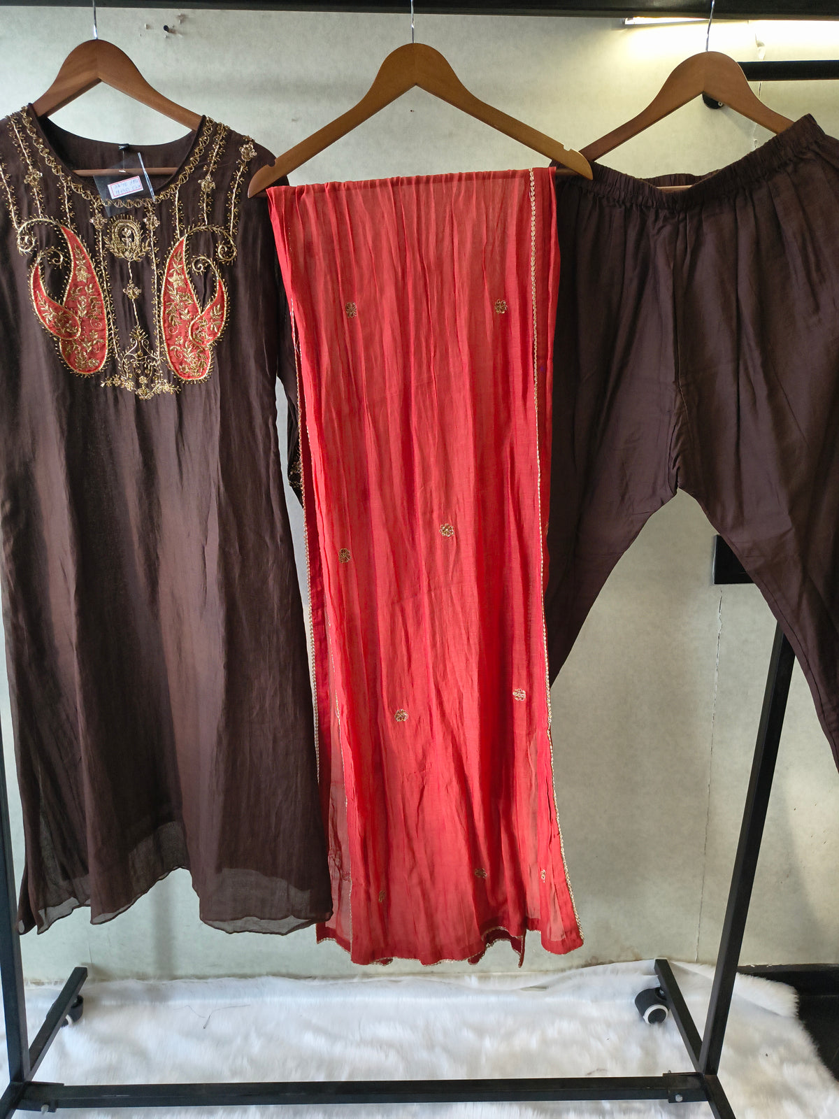 Midnight Black Embroidered Straight Kurta Set with Statement Paisley Yoke, Contrast Crimson Dupatta & Premium 3 Piece Ethnic Ensemble