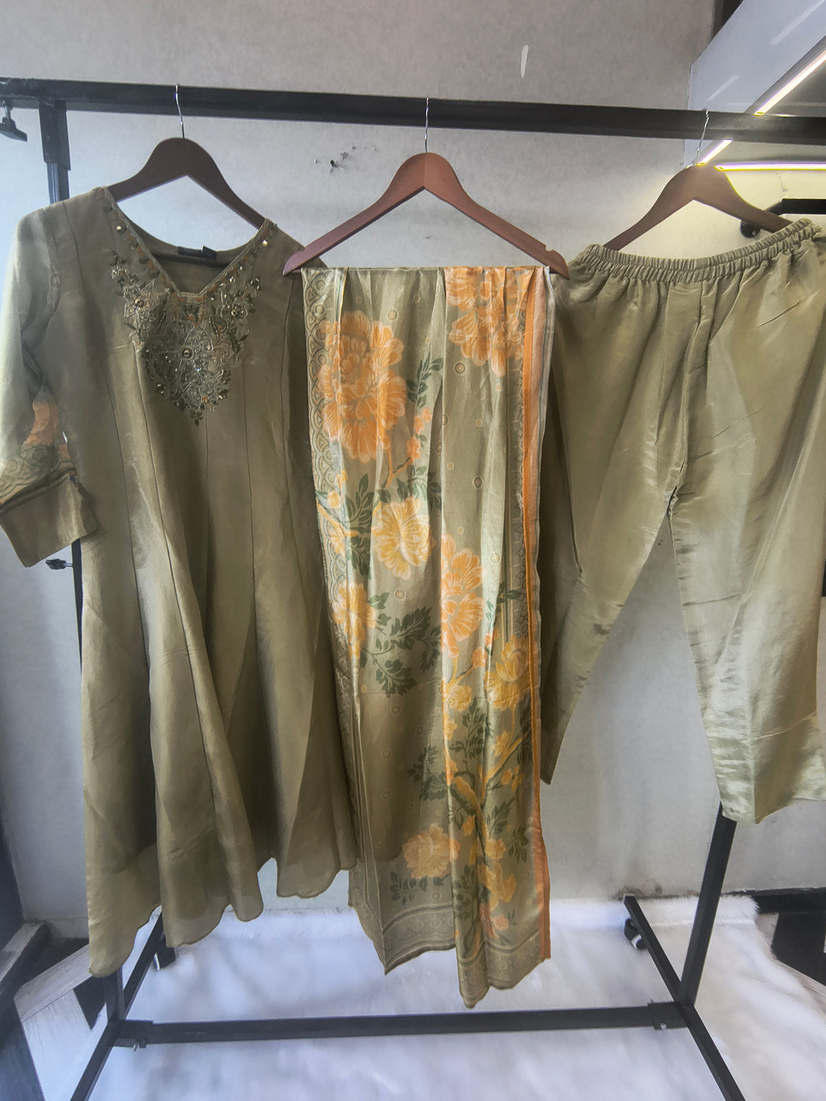 Sage Olive Embroidered Designer Kurta Set with Floral Printed Dupatta | Premium 3 Piece Ethnic Suit