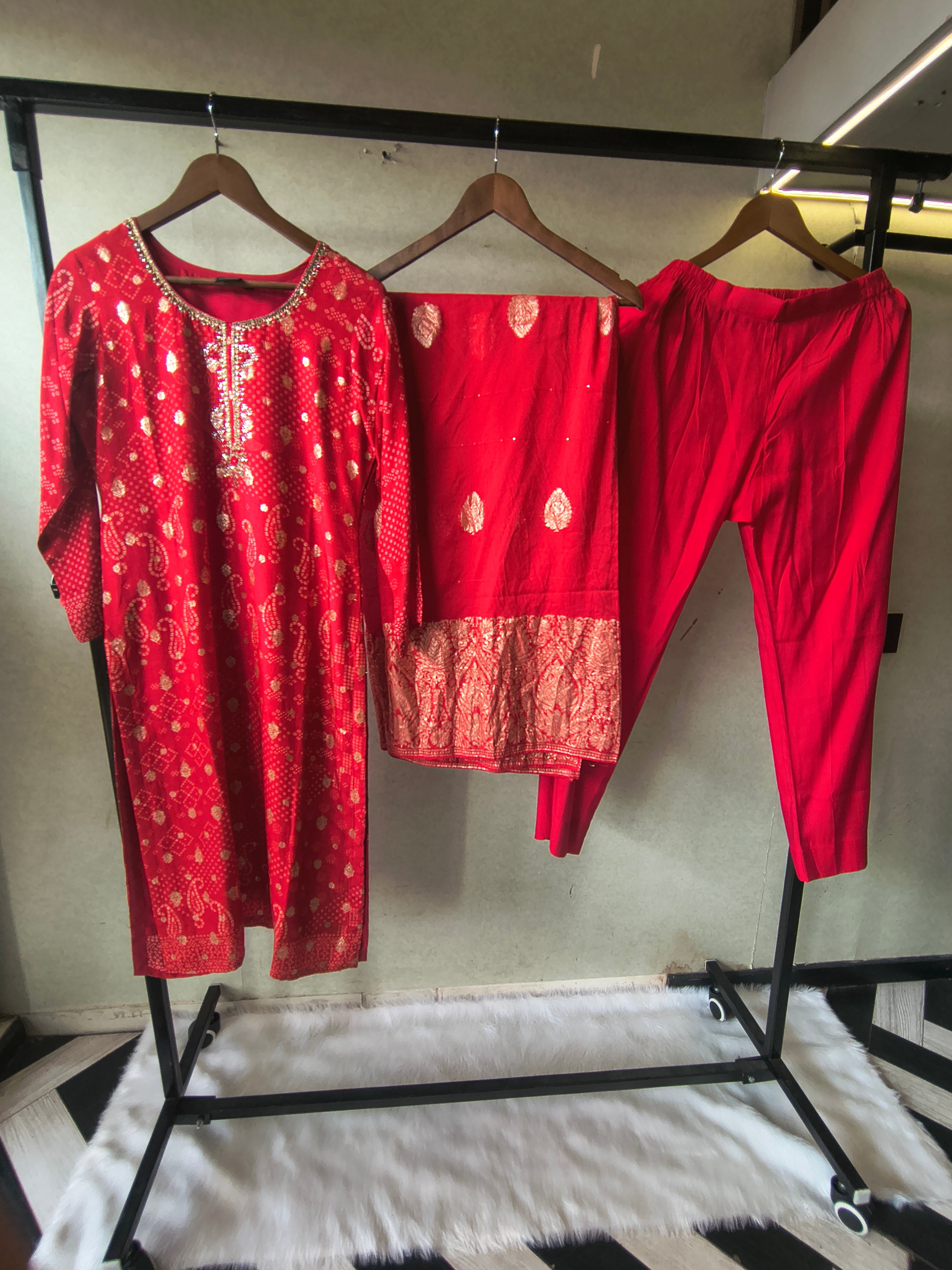 Image of Premium Crimson Red Zari Woven Kurta with Straight Pants & Banarasi Border Dupatta Set