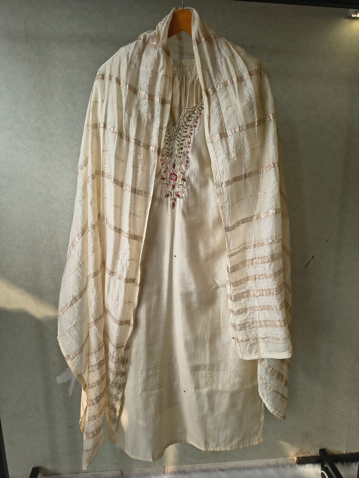 Premium Ivory Hand-Embroidered Straight Kurta with Cotton Pants & Woven Dupatta Set