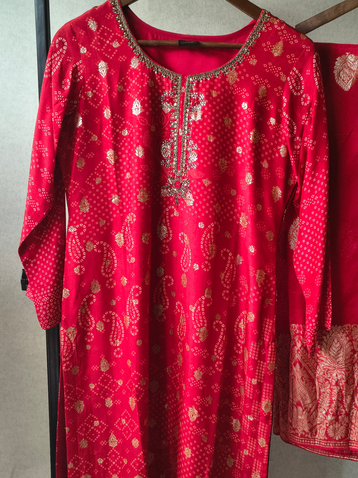 Premium Crimson Red Zari Woven Kurta with Straight Pants & Banarasi Border Dupatta Set
