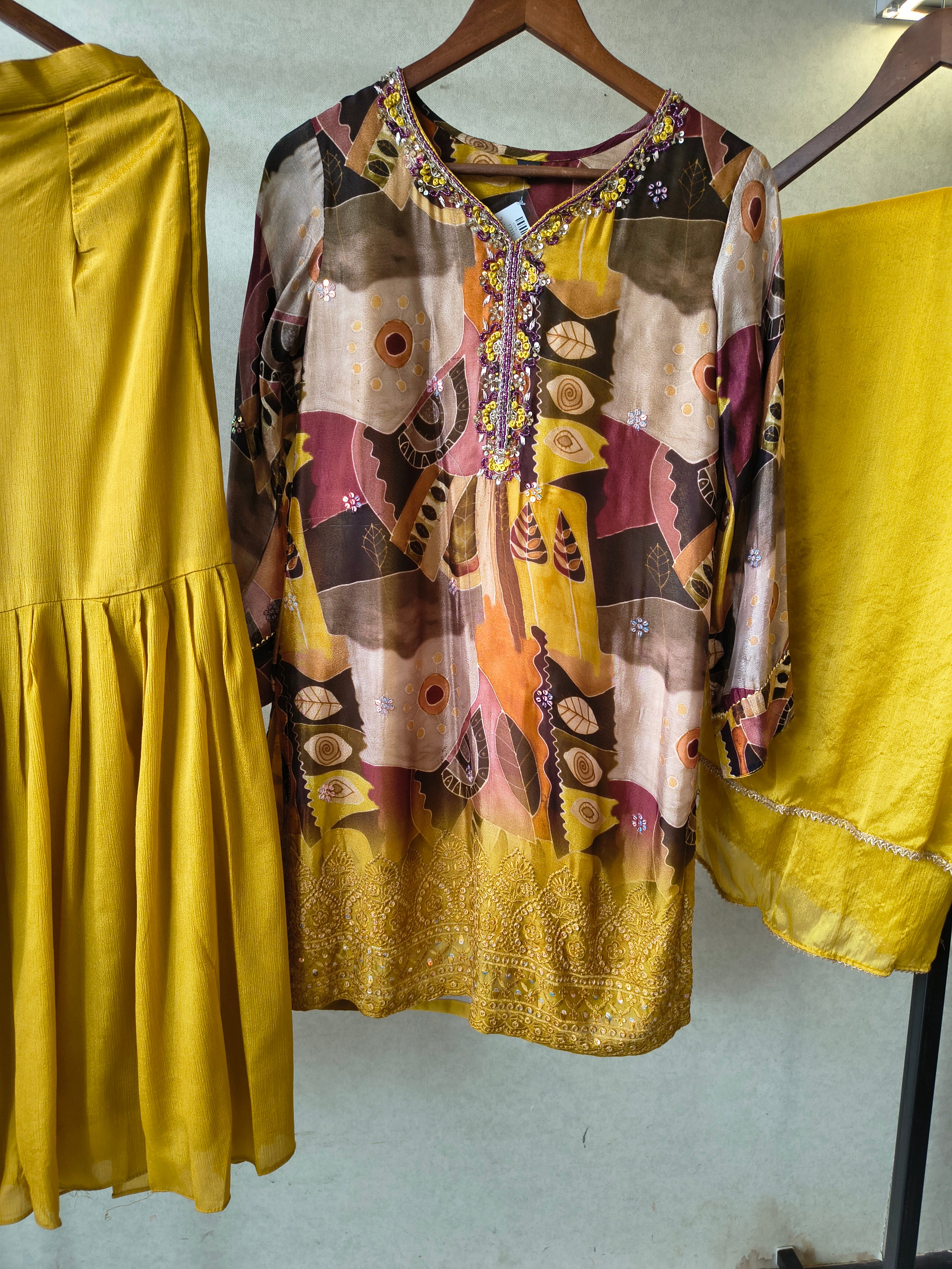 Image of Premium Mustard Abstract Printed Kurta with Sharara & Dupatta Set