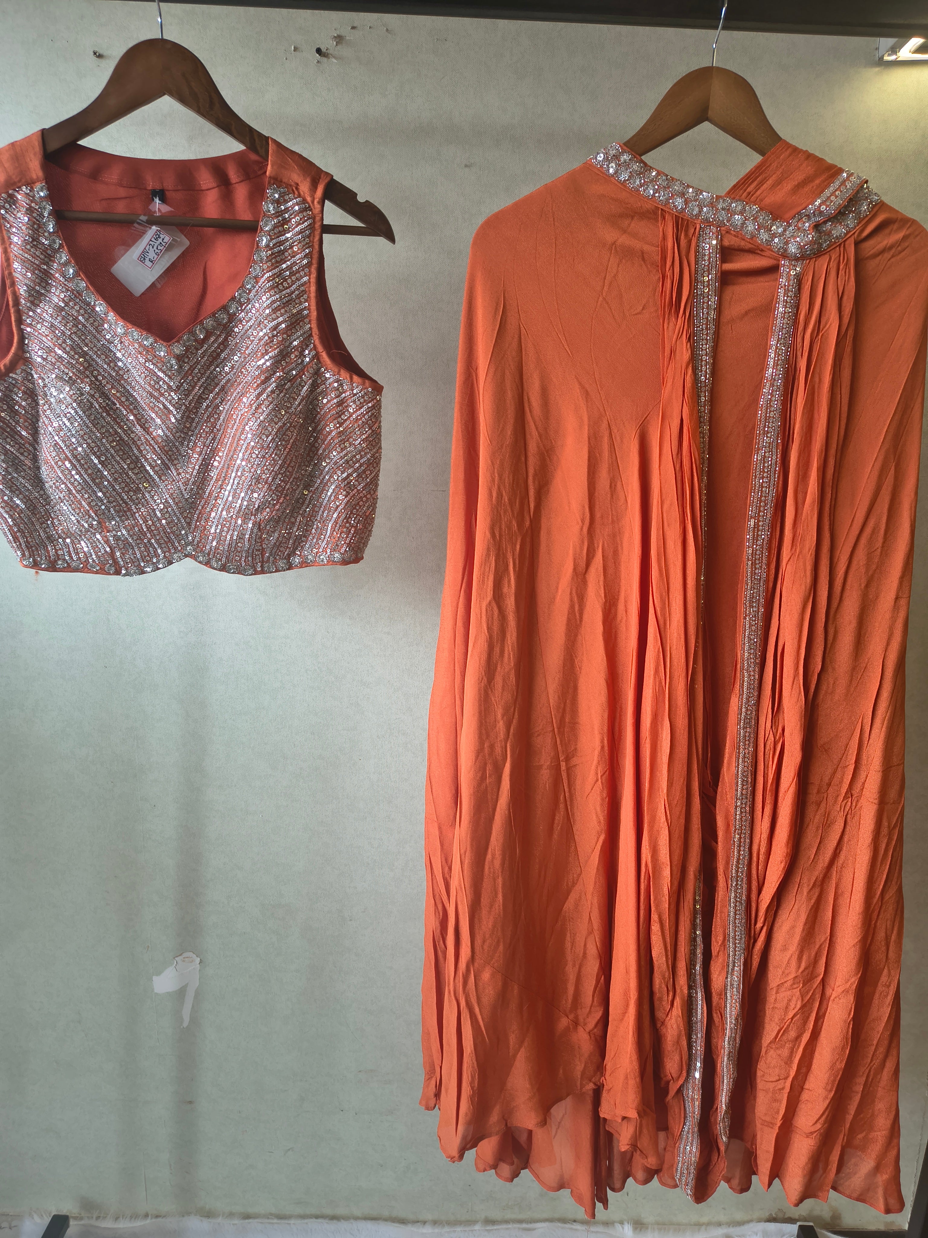 Image of Burnt Orange Embellished Designer Blouse with Drape Palazzo & Cape – 3 Piece Indo-Western Party Wear Set