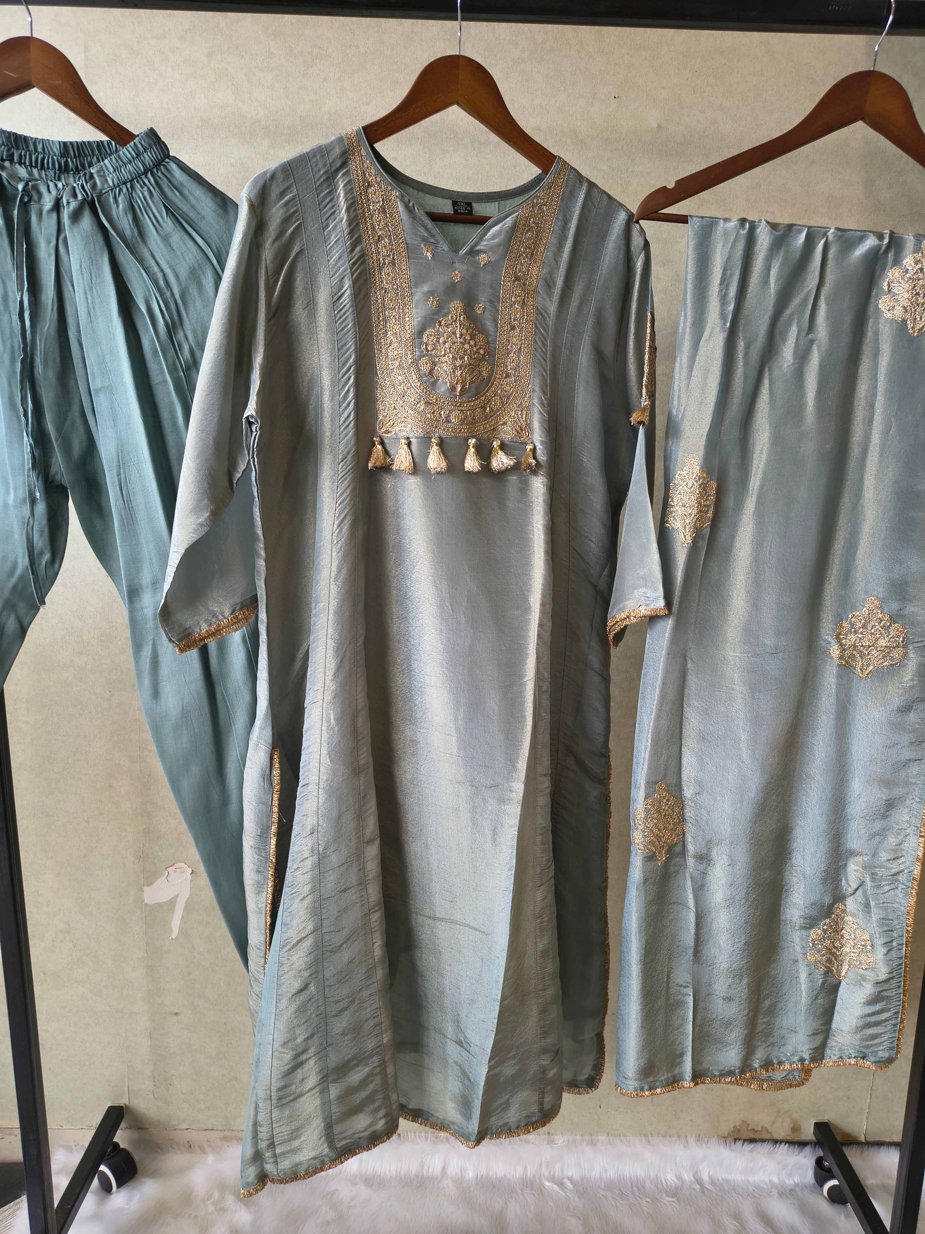 Image of Premium Sage Blue Embroidered A-Line Kurta Set with Dupatta