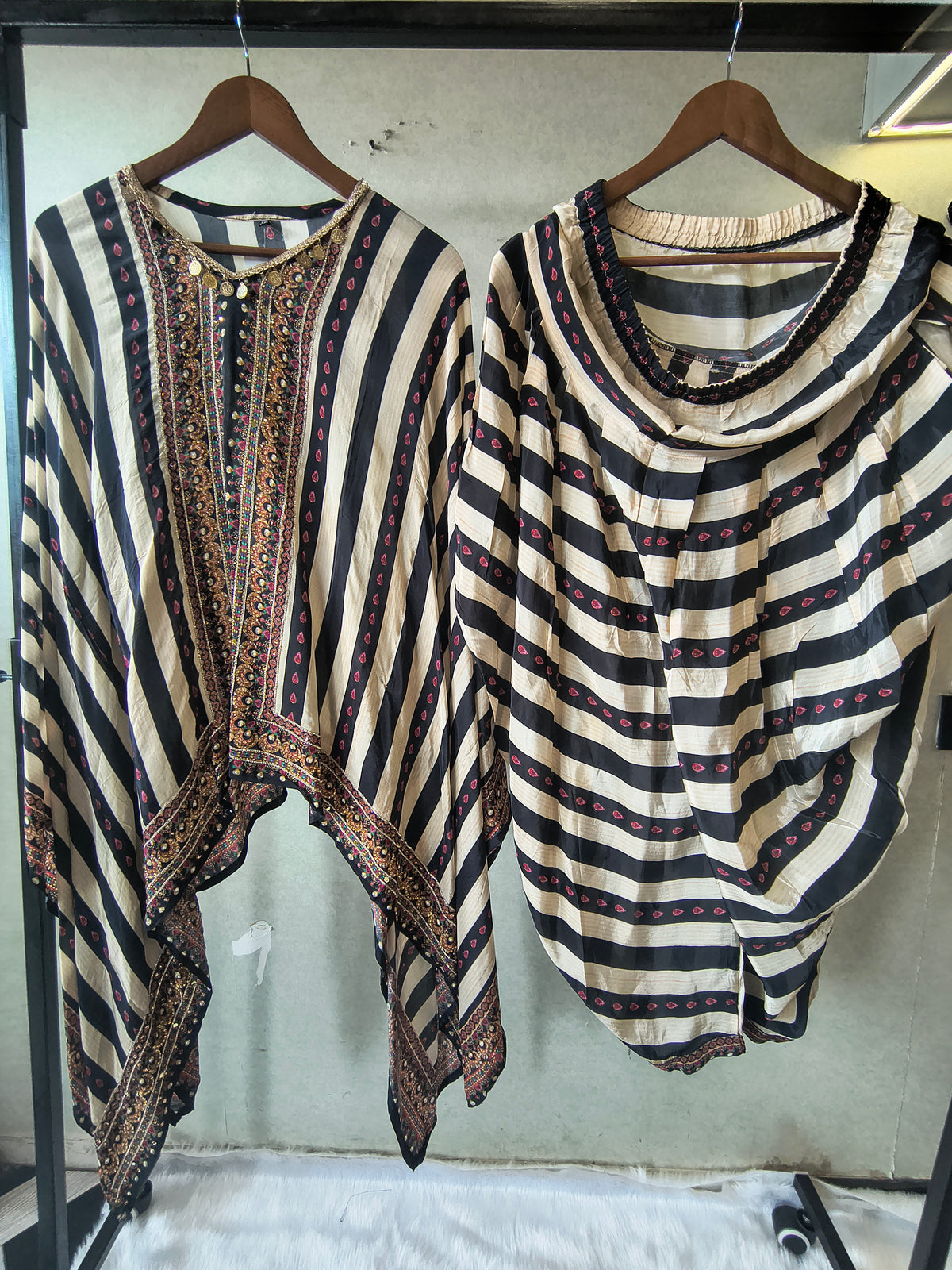 Ivory & Navy Striped Designer Kaftan Co-Ord Set with Embroidered Neckline & Draped Silhouette