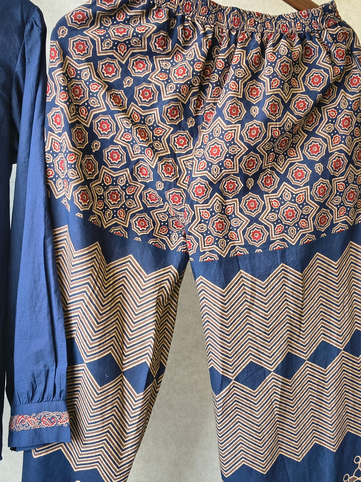 Navy Blue Designer Shirt Co-Ord Set with Statement Printed Palazzo Pants