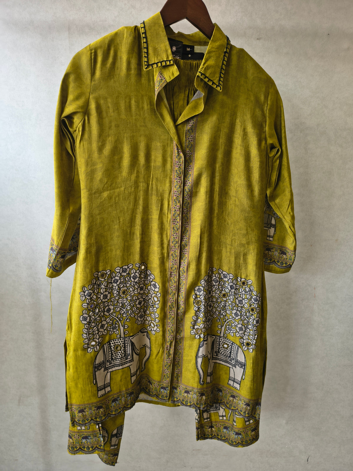 Mustard Yellow Elephant Print Designer Co-Ord Set with Asymmetrical Hem