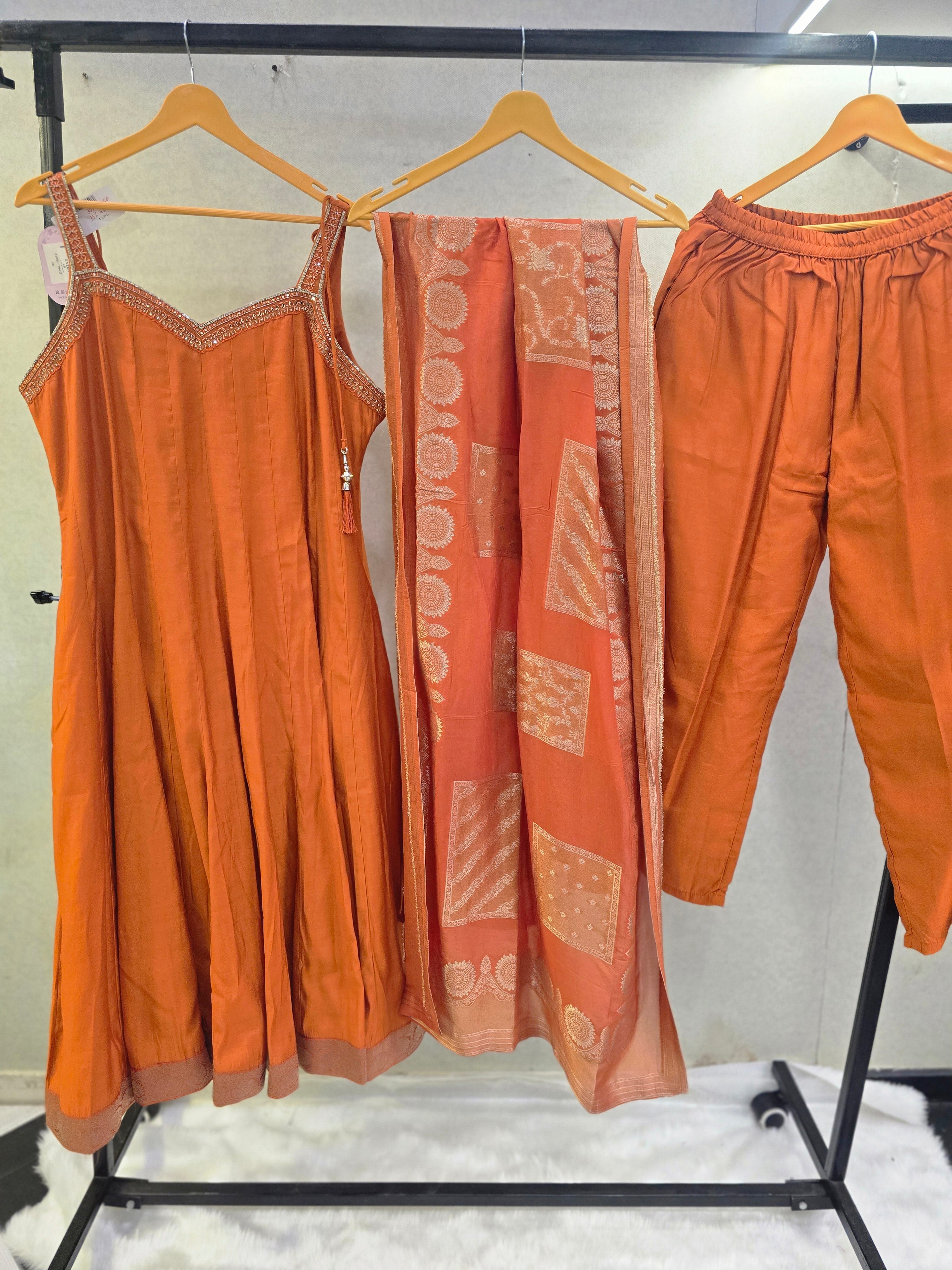 Image of Rust Orange Embellished A-Line Kurta Set with Printed Dupatta | Premium 3 Piece Ethnic Suit
