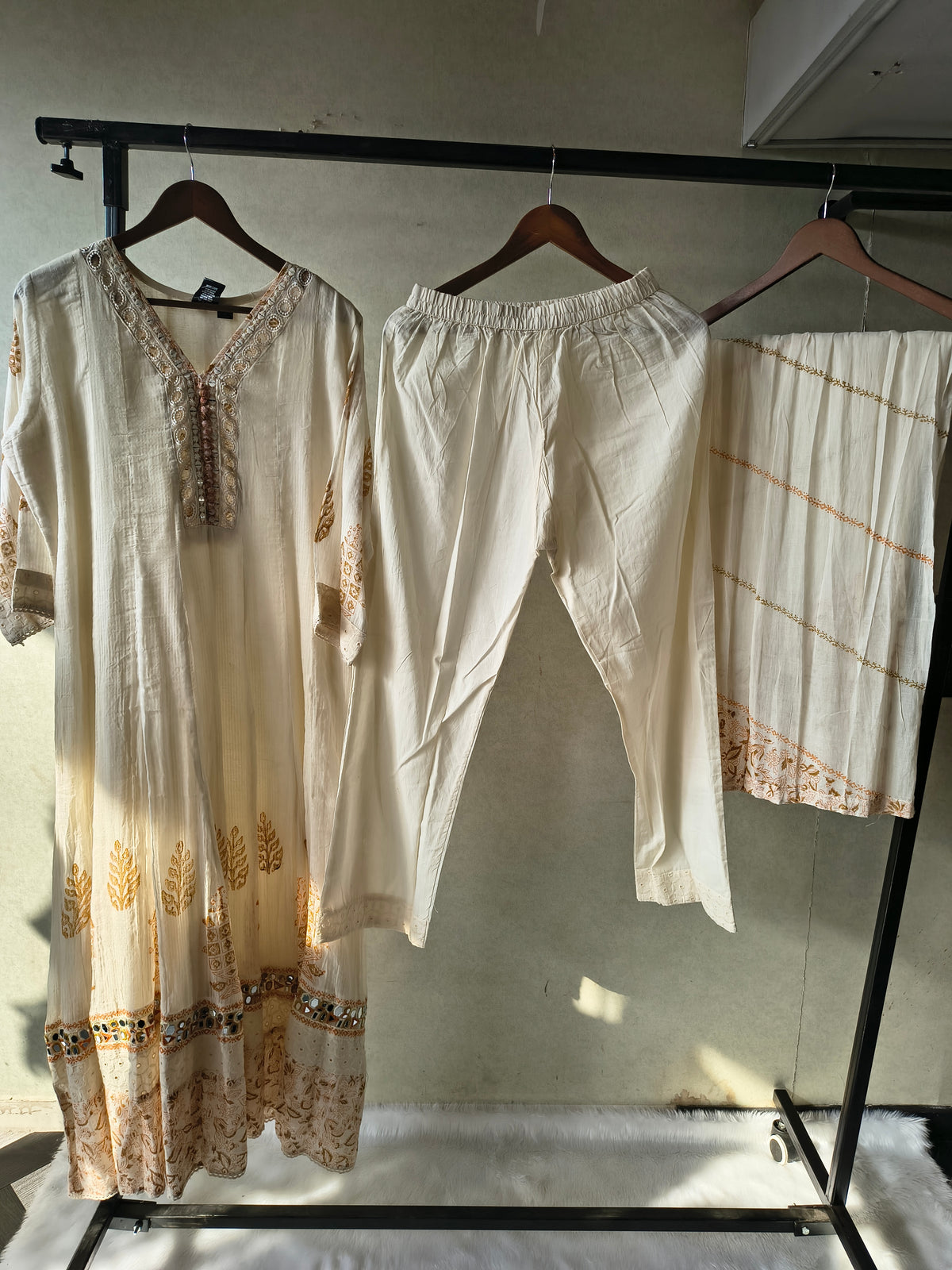 Premium Ivory Embroidered Anarkali Kurta Set with Mirror Work & Cotton Dupatta