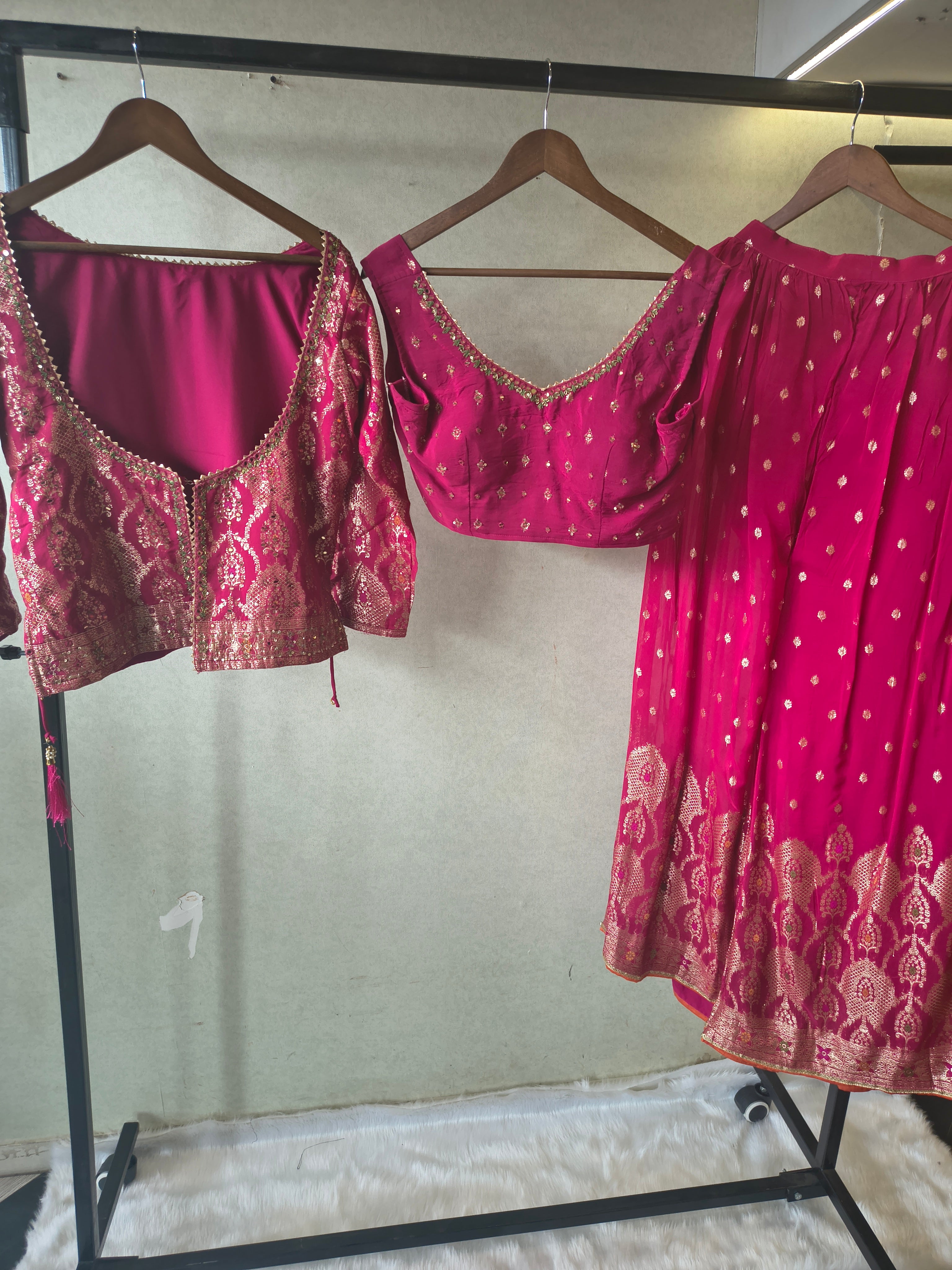 Image of Rani Pink Banarasi Lehenga Set with Dual Designer Blouses – Woven Festive Wedding Ensemble