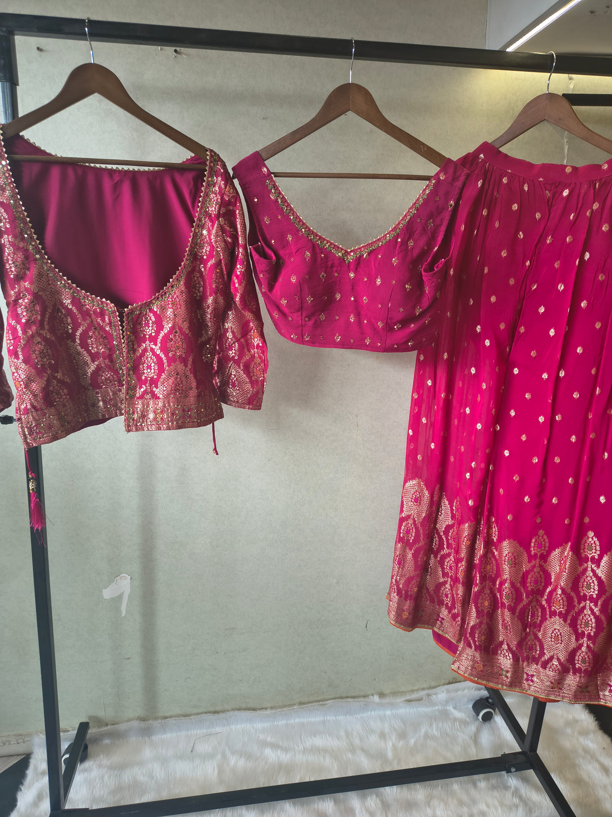 Rani Pink Banarasi Lehenga Set with Dual Designer Blouses – Woven Festive Wedding Ensemble