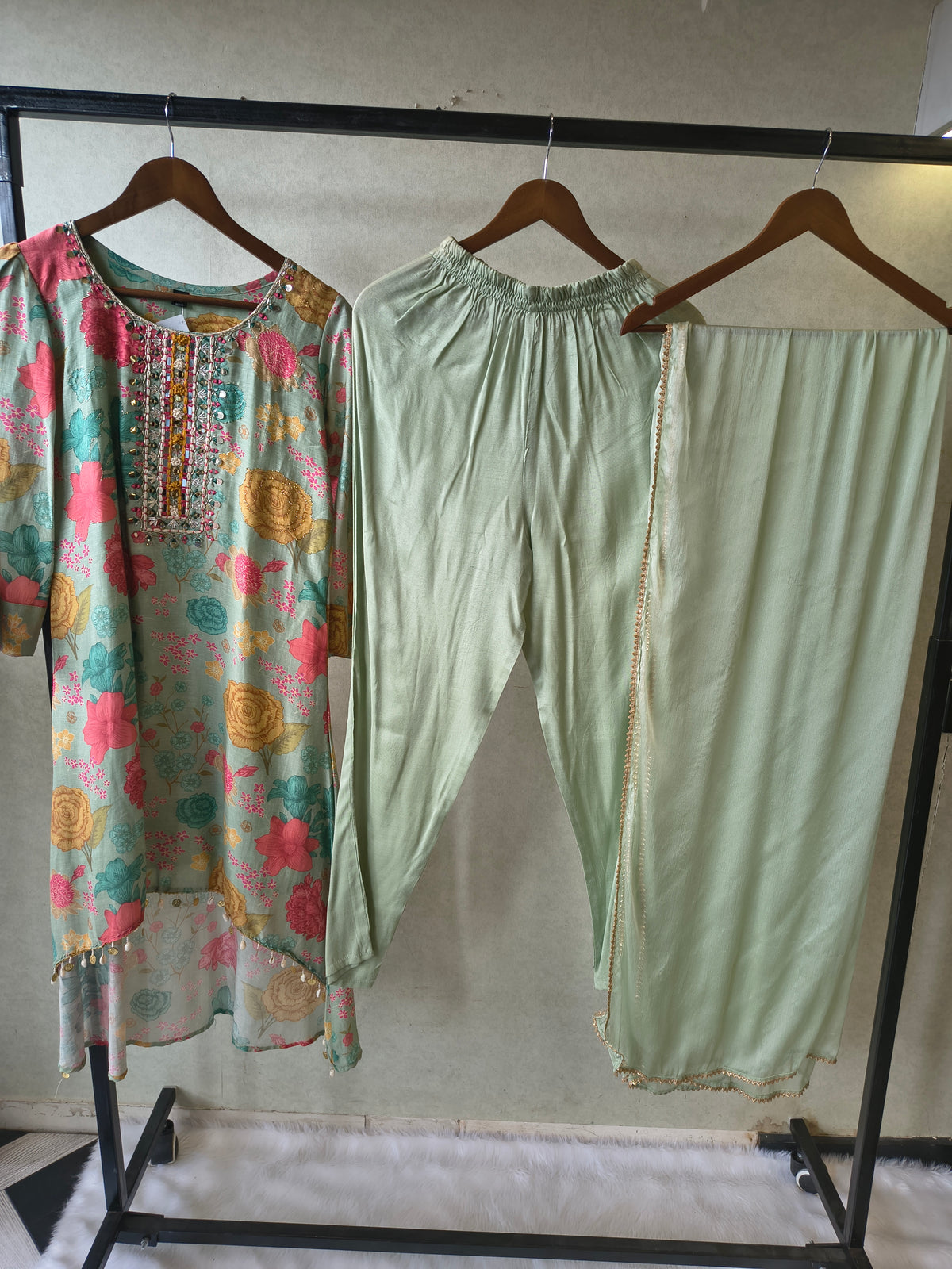 Premium Mint Green Floral Printed Kurta Set with Embellished Neckline & Dupatta