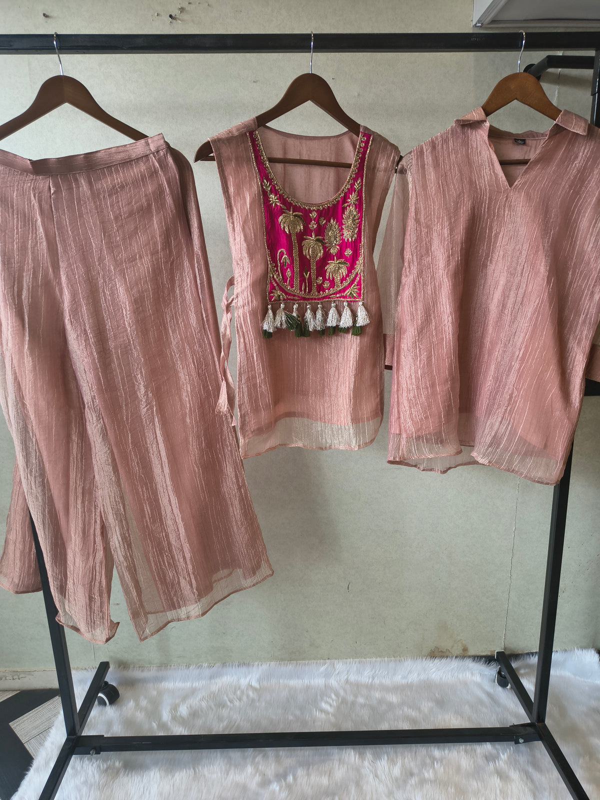 Premium Rose Gold Tissue Silk 3-Piece Co-Ord Set with Hand Embellished Jacket, Inner & Palazzo