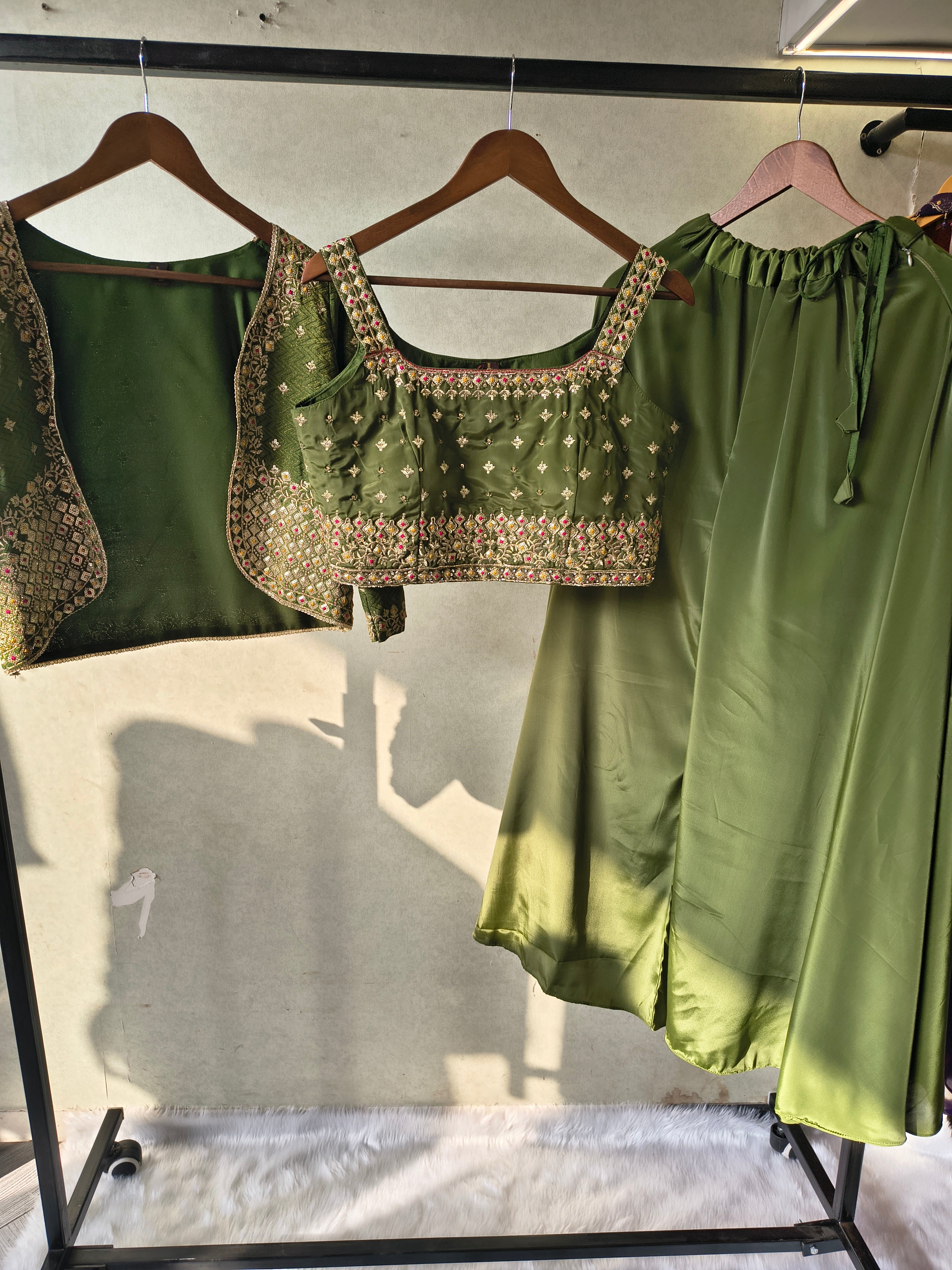 Image of Luxury Olive Green Embellished Blouse with Embroidered Jacket & Flared Palazzo – 3 Piece Designer Indo-Western Set