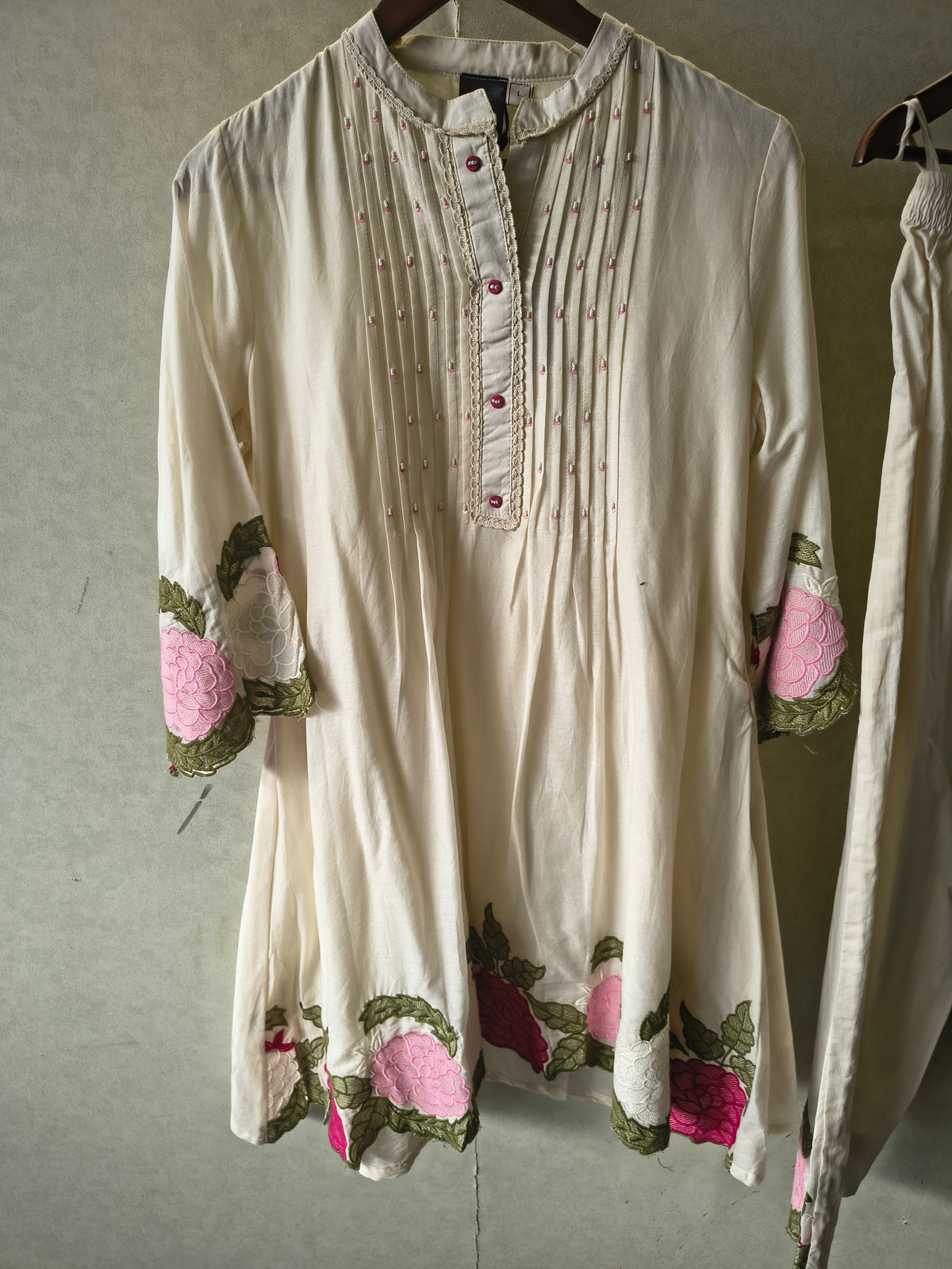 Ivory Floral Embroidered Pintuck Designer Kurta Pant Co-Ord Set
