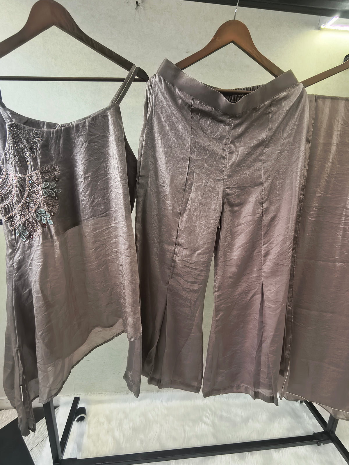 Steel Grey Asymmetrical Embroidered Indo-Western Kurta Set with Straight Pants & Dupatta – 3 Piece Designer Co-Ord Set