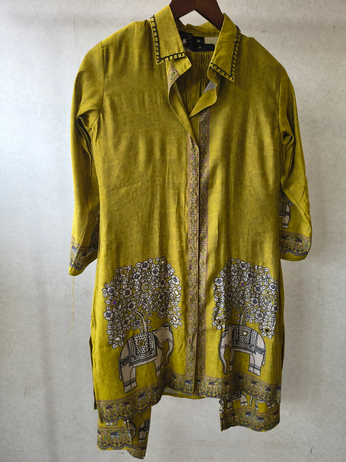 Mustard Yellow Elephant Print Designer Co-Ord Set with Asymmetrical Hem