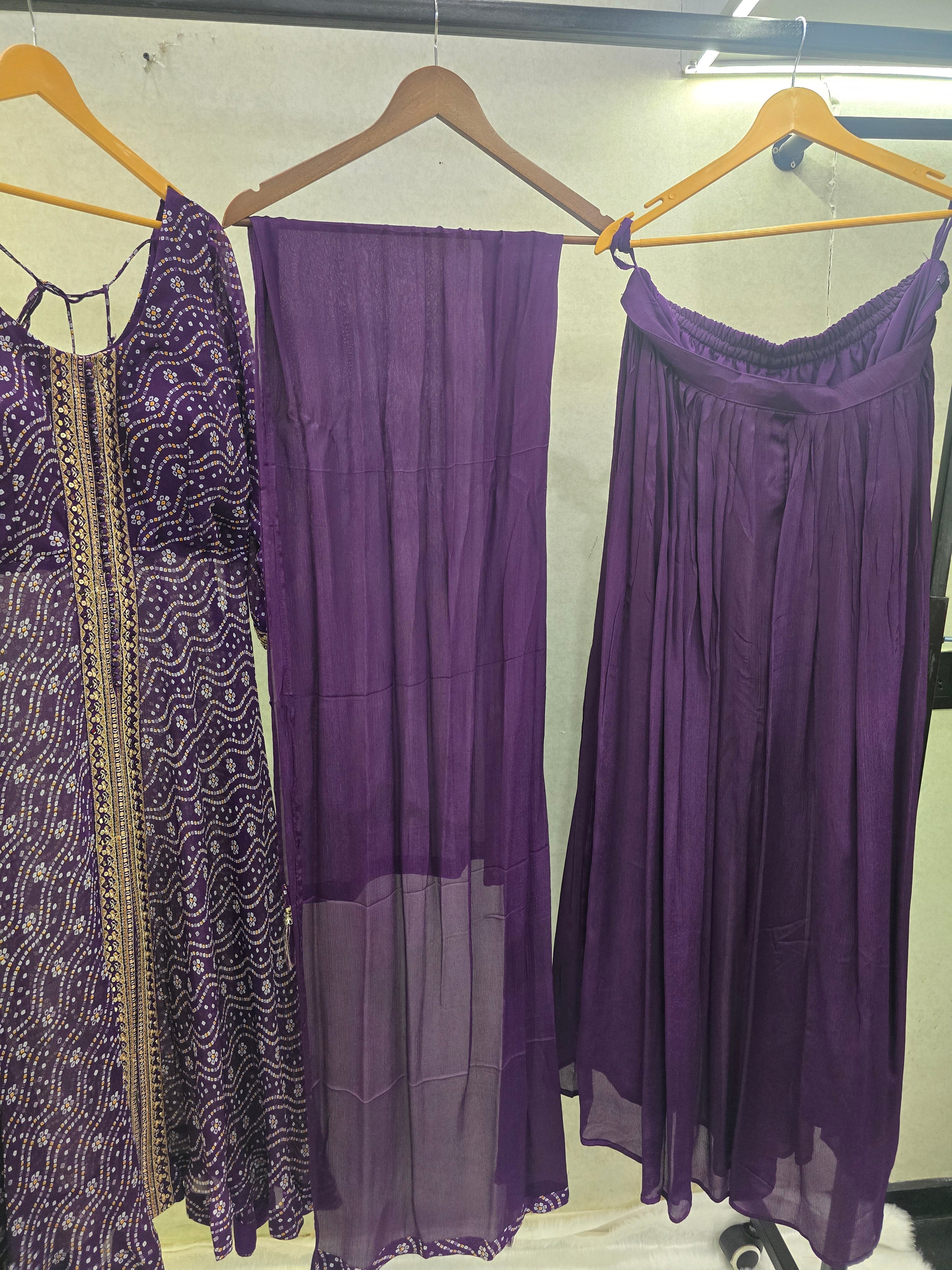 Image of Royal Purple Bandhani Print Anarkali Kurta Set with Embellished Front Panel & Flared Palazzo | Premium 3 Piece Festive Ensemble