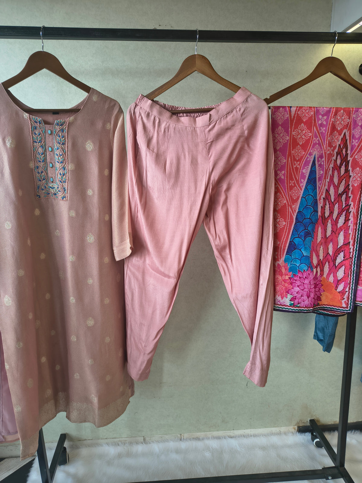 Premium Blush Pink Embroidered Straight Kurta with Cigarette Pants & Designer Printed Dupatta Set