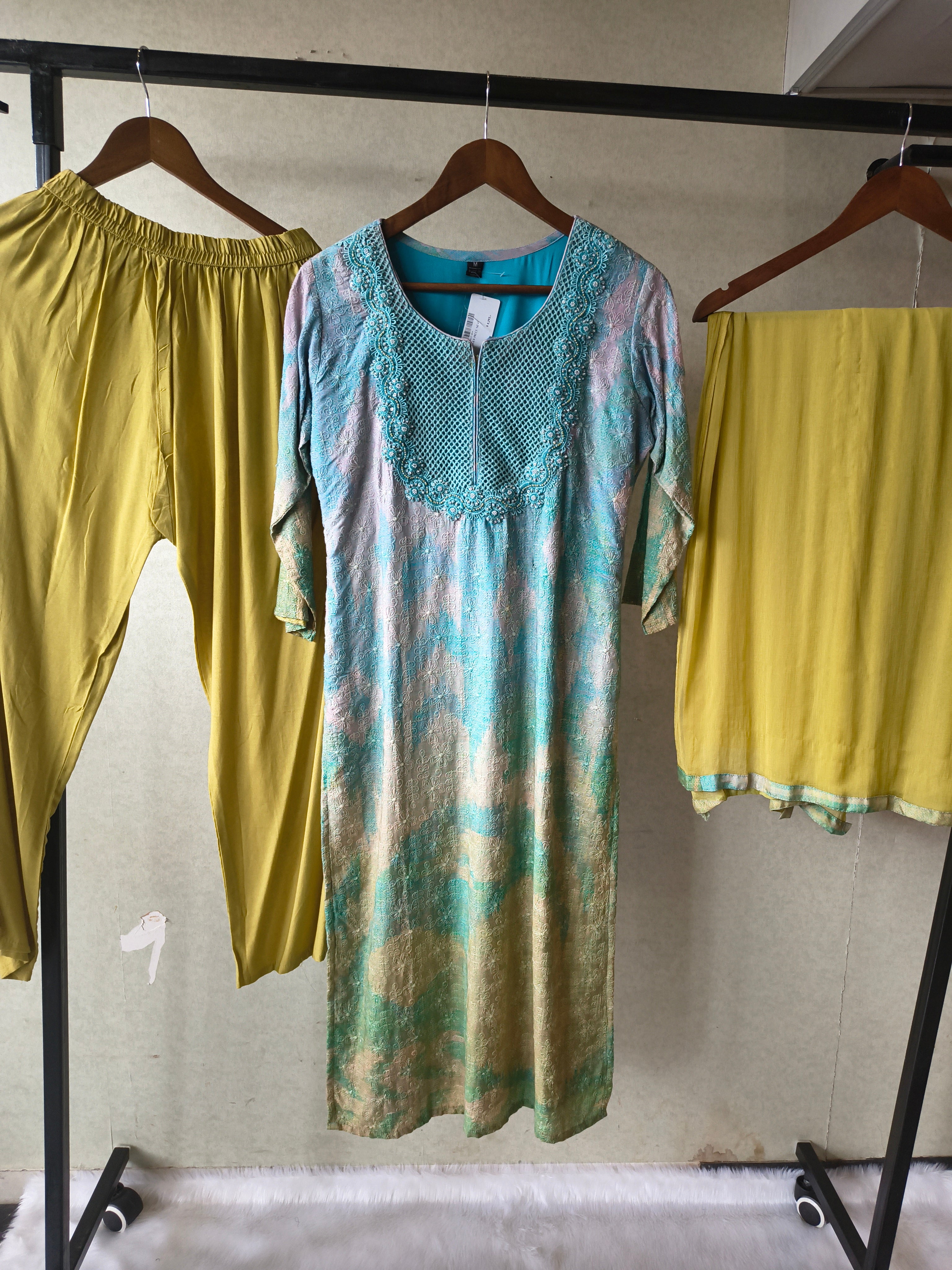 Image of Premium Aqua Blue Digital Printed Kurta Set with Embroidered Yoke & Solid Mustard Palazzo with Dupatta