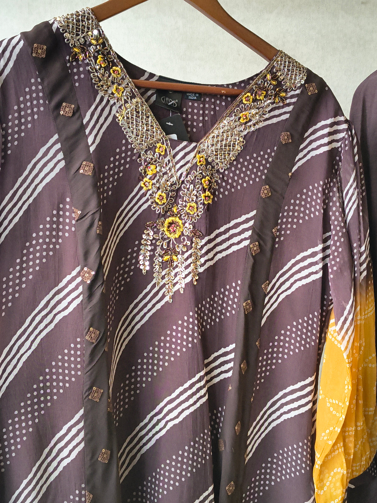 Premium Charcoal & Mustard Bandhani Print Kaftan Kurta with Dhoti Pants Set