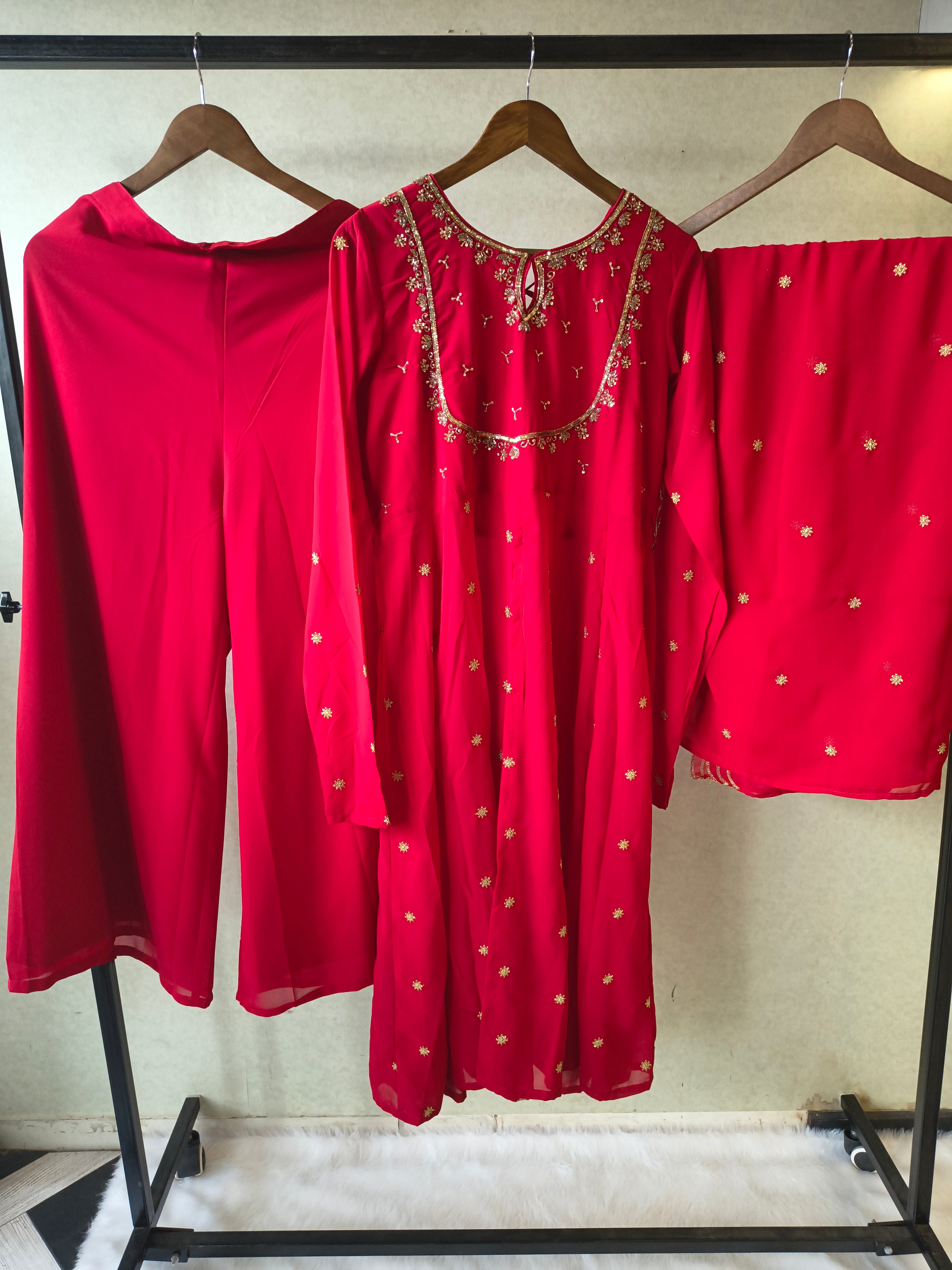 Image of Premium Ruby Red Embroidered Kurta with Sharara & Embellished Dupatta Set