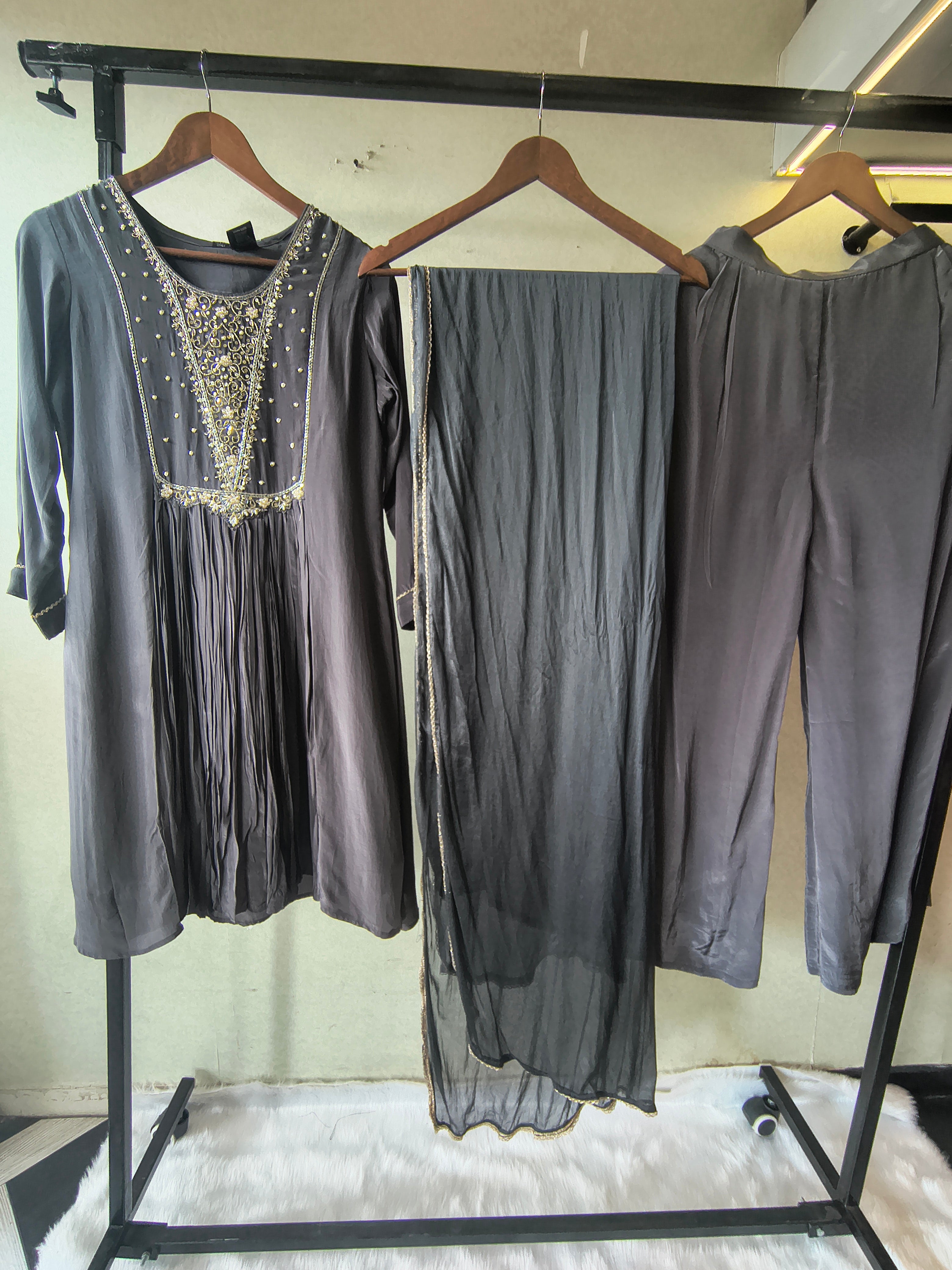 Image of Charcoal Grey Hand Embroidered Anarkali Kurta Set with Churidar Pants & Sheer Dupatta – Premium 3 Piece Festive Ensemble