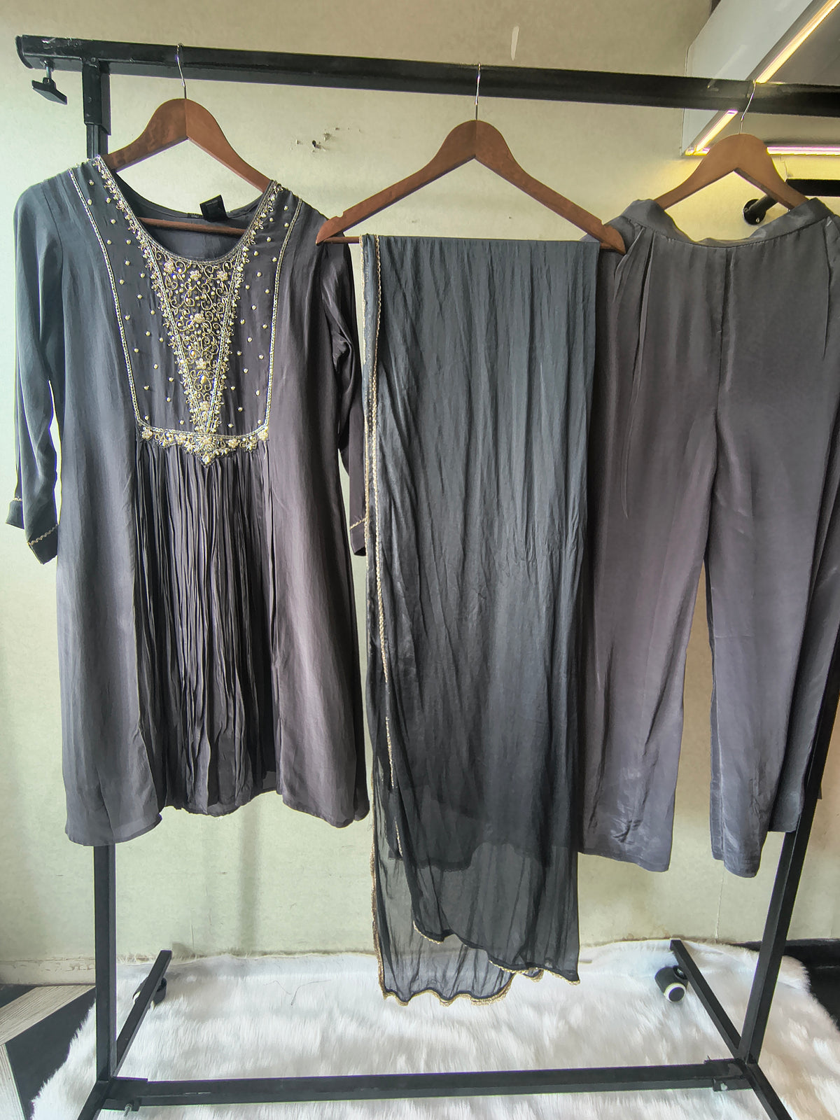 Charcoal Grey Hand Embroidered Anarkali Kurta Set with Churidar Pants & Sheer Dupatta – Premium 3 Piece Festive Ensemble