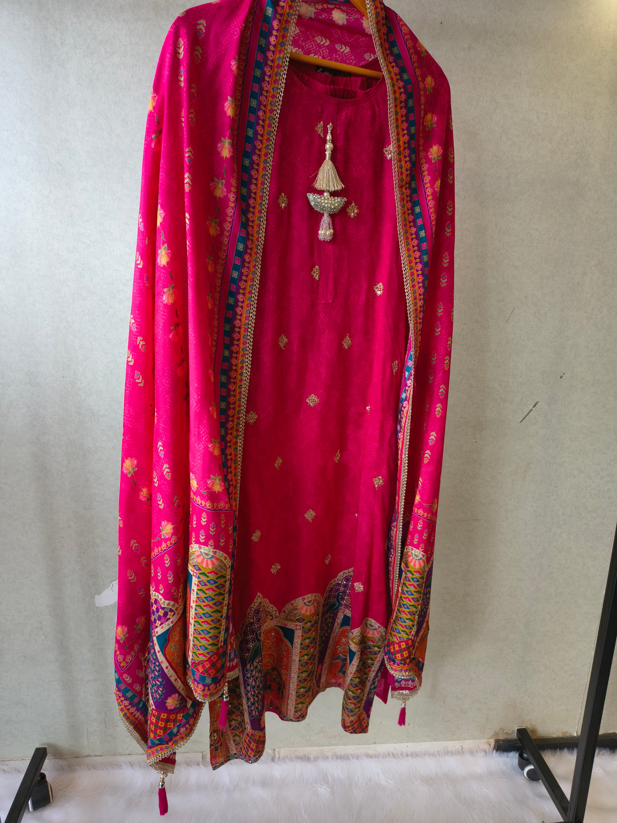 Premium Rani Pink Printed Straight Kurta with Cigarette Pants & Dupatta Set