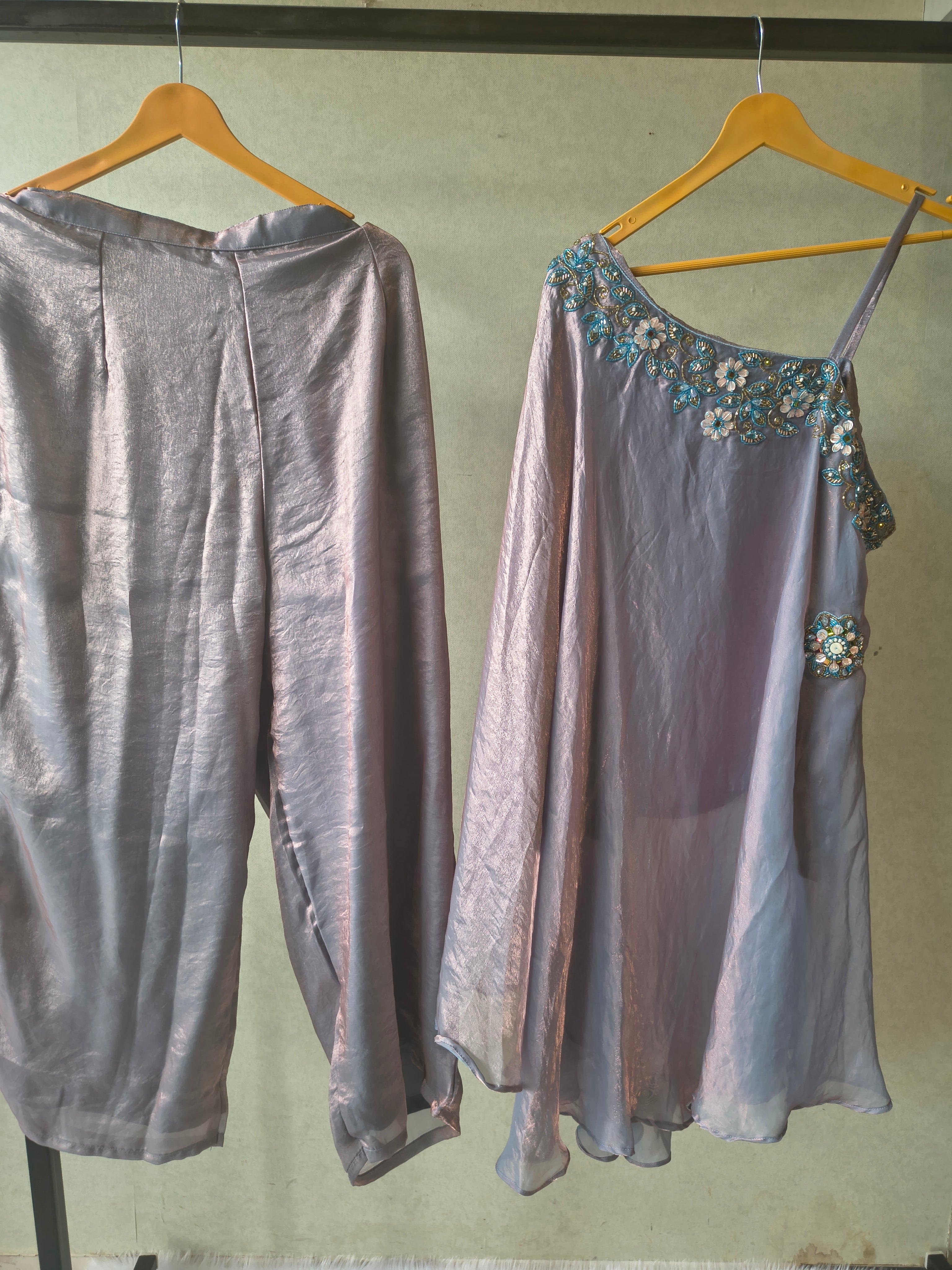 Image of Designer Lilac One-Shoulder Cape Top with Draped Tulip Pants – Luxury Indo-Western Co-Ord Set