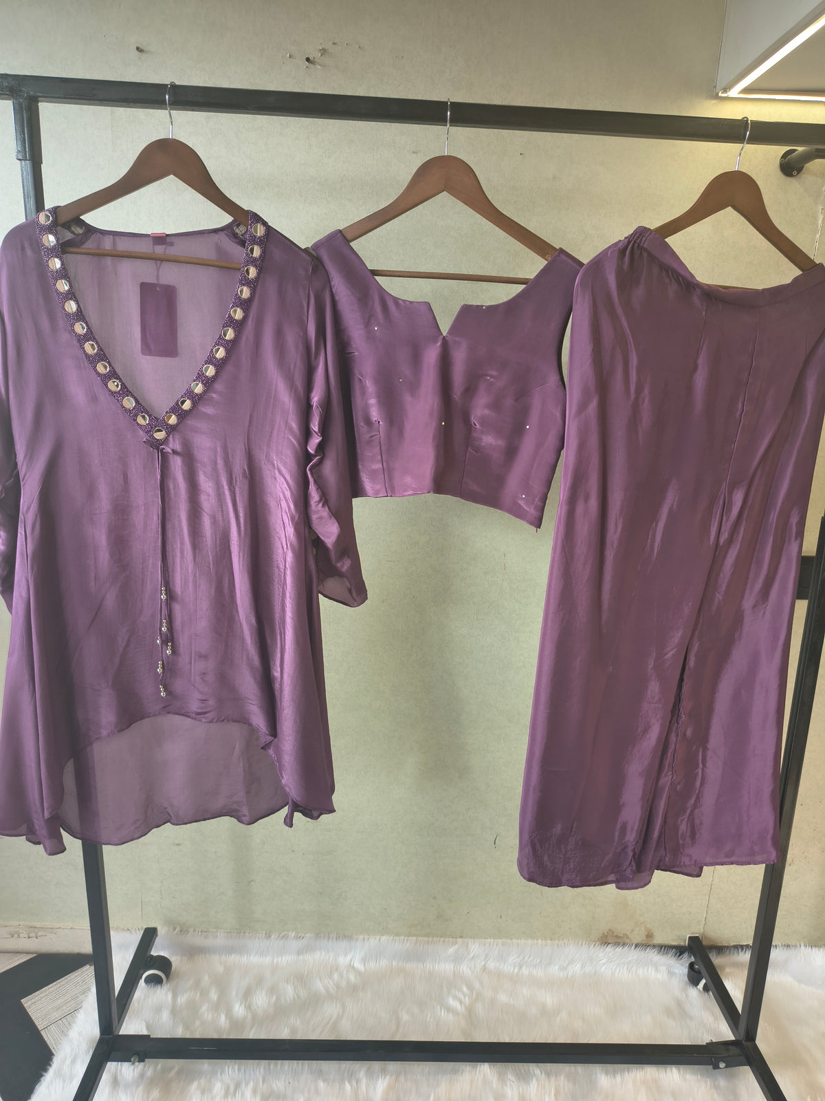 Royal Plum Embellished High-Low Tunic with Sleeveless Blouse & Wide-Leg Pants – 3 Piece Designer Indo-Western Set