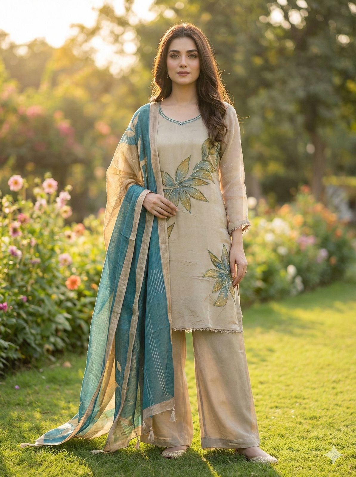 Image of Pastel Pure Silk 3 Piece Kurti Set with Hand work