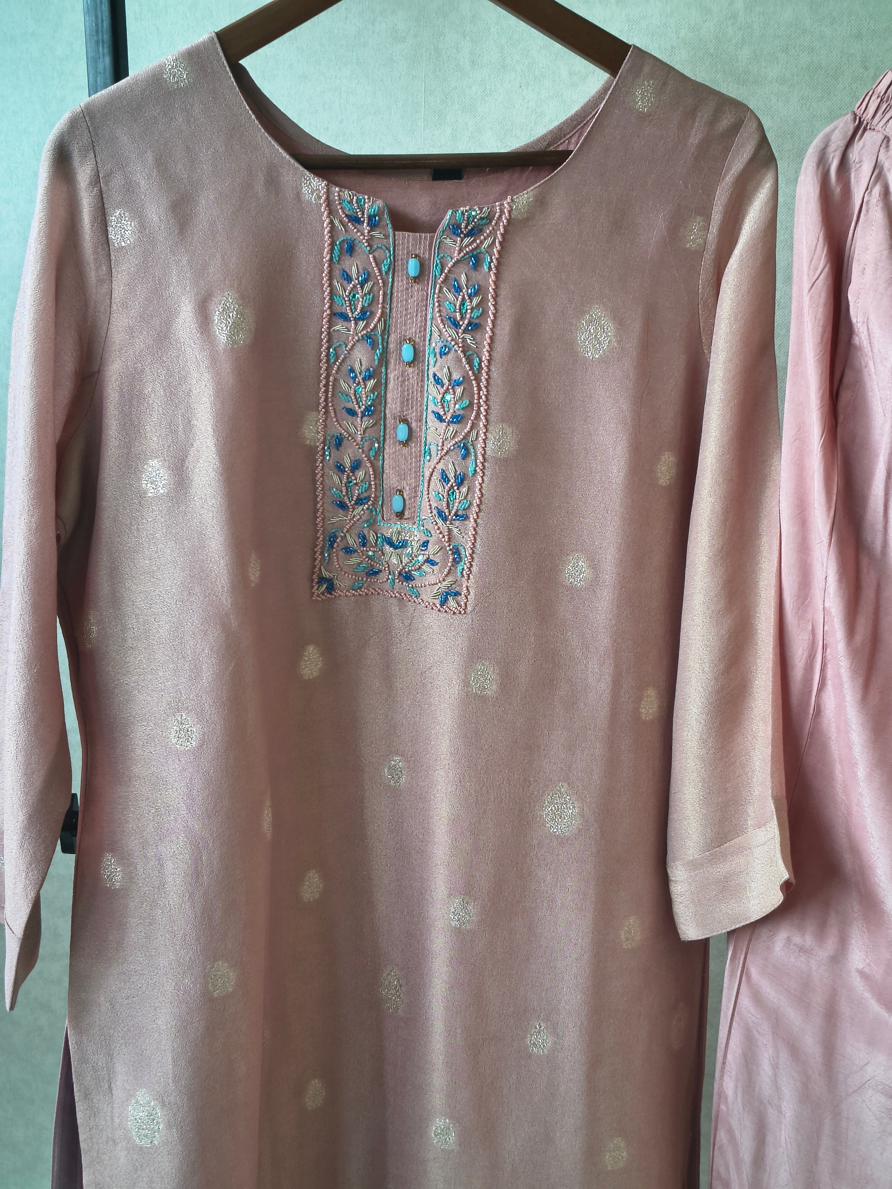 Image of Premium Blush Pink Embroidered Straight Kurta with Cigarette Pants & Designer Printed Dupatta Set