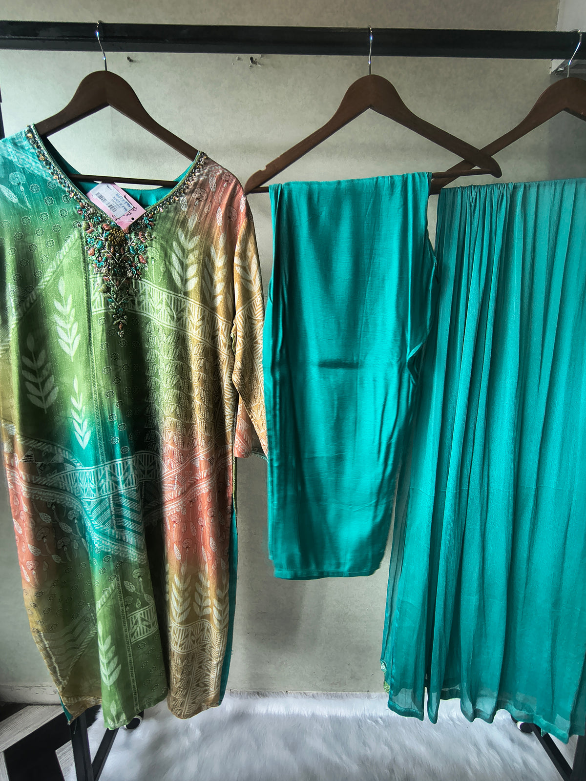 Premium Aqua Ombre Printed Kurta Set with Hand-Embellished Neckline, Solid Pants & Chiffon Dupatta