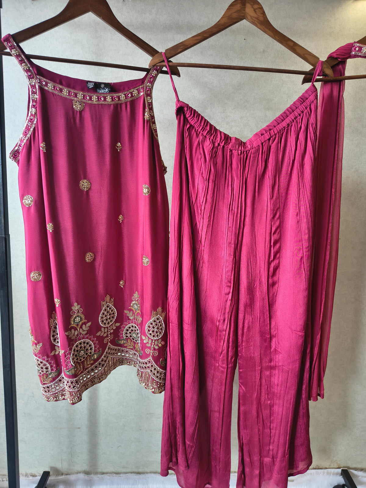 Rani Pink Hand Embroidered Kurta Set with Designer Palazzo & Embellished Dupatta – Premium 3 Piece Festive Ensemble
