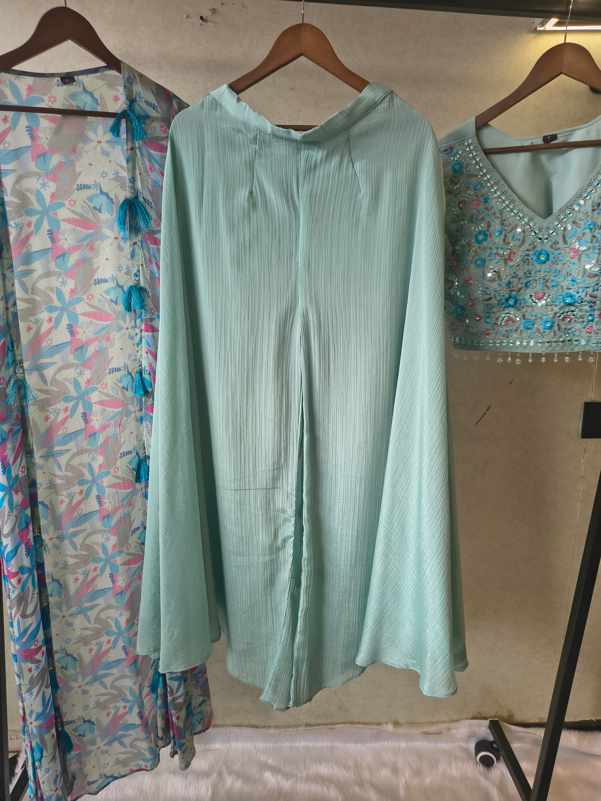 Powder Blue Mirror Embroidered Blouse with Drape Palazzo & Printed Tassel Dupatta – Designer 3 Piece Indo-Western Set