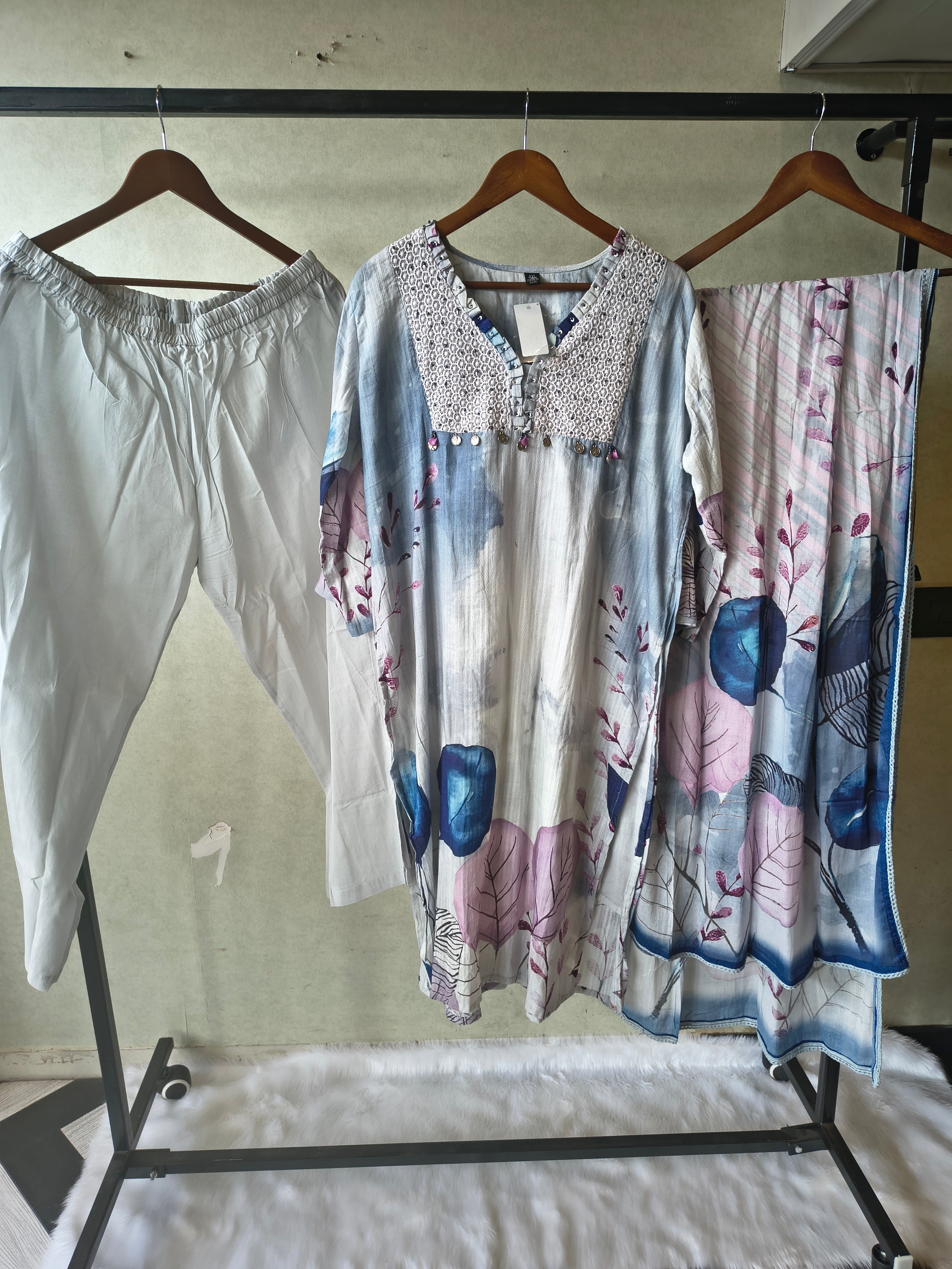 Image of Premium Ice Blue Floral Printed Straight Kurta Set with Crochet Yoke, Straight Pants & Designer Dupatta