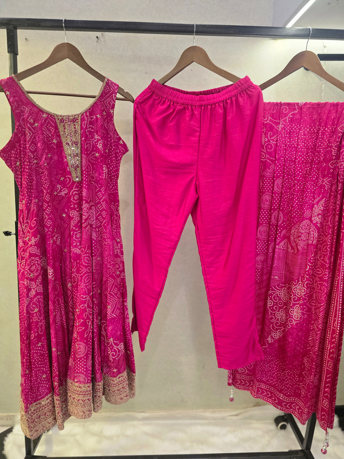Rani Pink Bandhani Print Sleeveless Anarkali Kurta Set with Printed Dupatta | Premium 3 Piece Ethnic Suit
