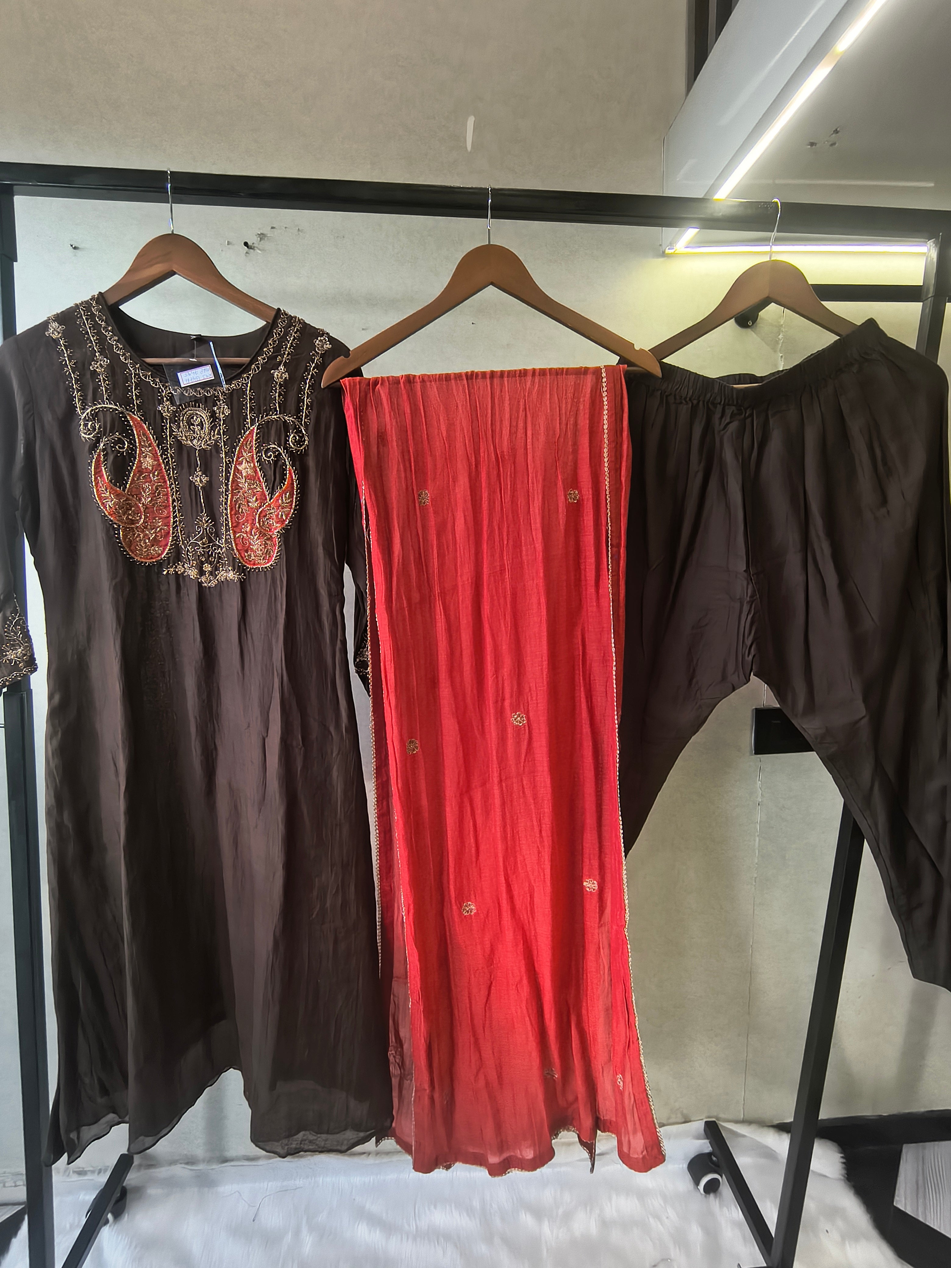 Image of Midnight Black Embroidered Straight Kurta Set with Statement Paisley Yoke, Contrast Crimson Dupatta & Premium 3 Piece Ethnic Ensemble