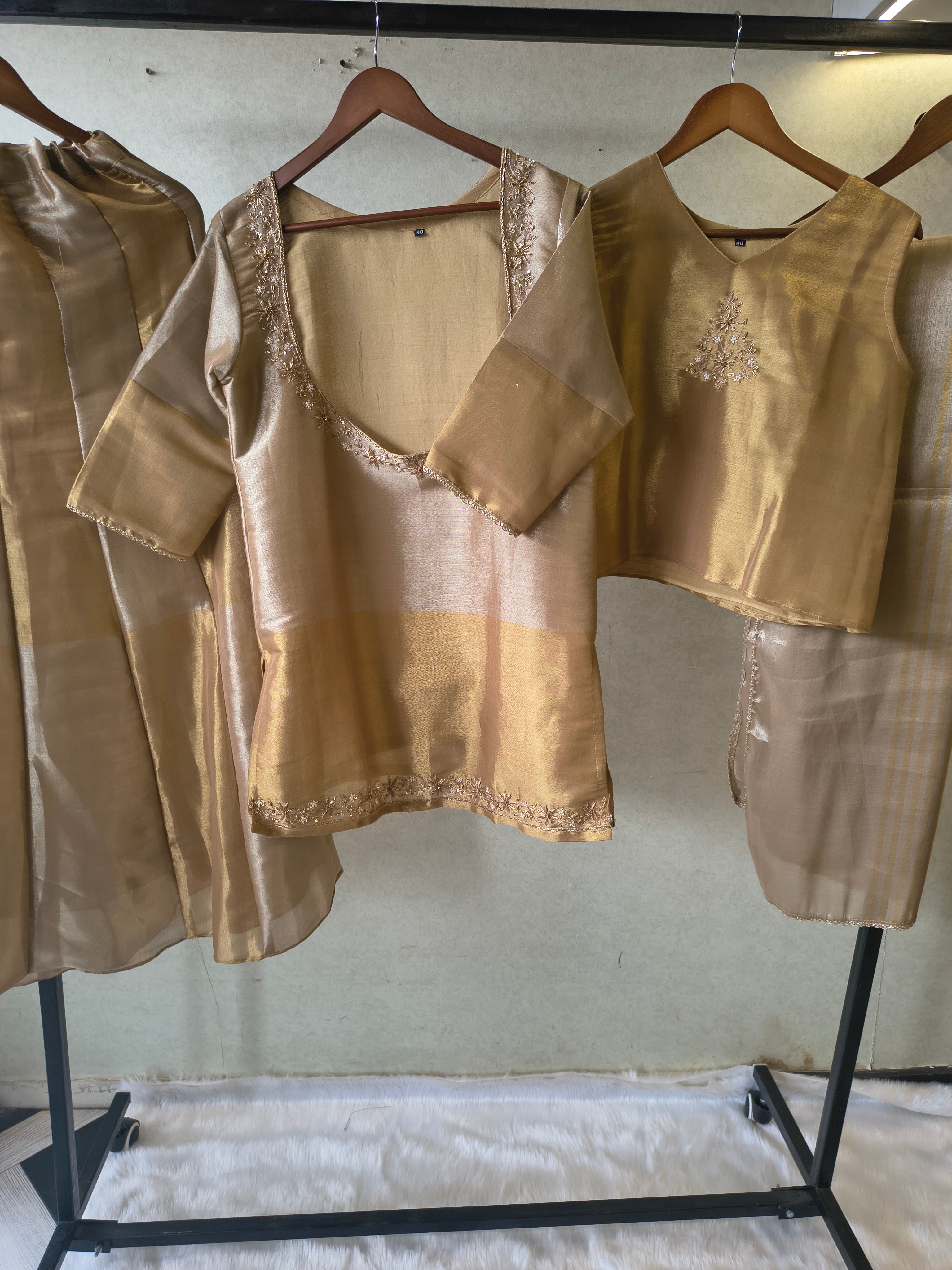 Image of Champagne Gold Tissue Silk Embroidered Layered Kurta with Inner, Palazzo & Woven Dupatta – 4 Piece Designer Festive Set