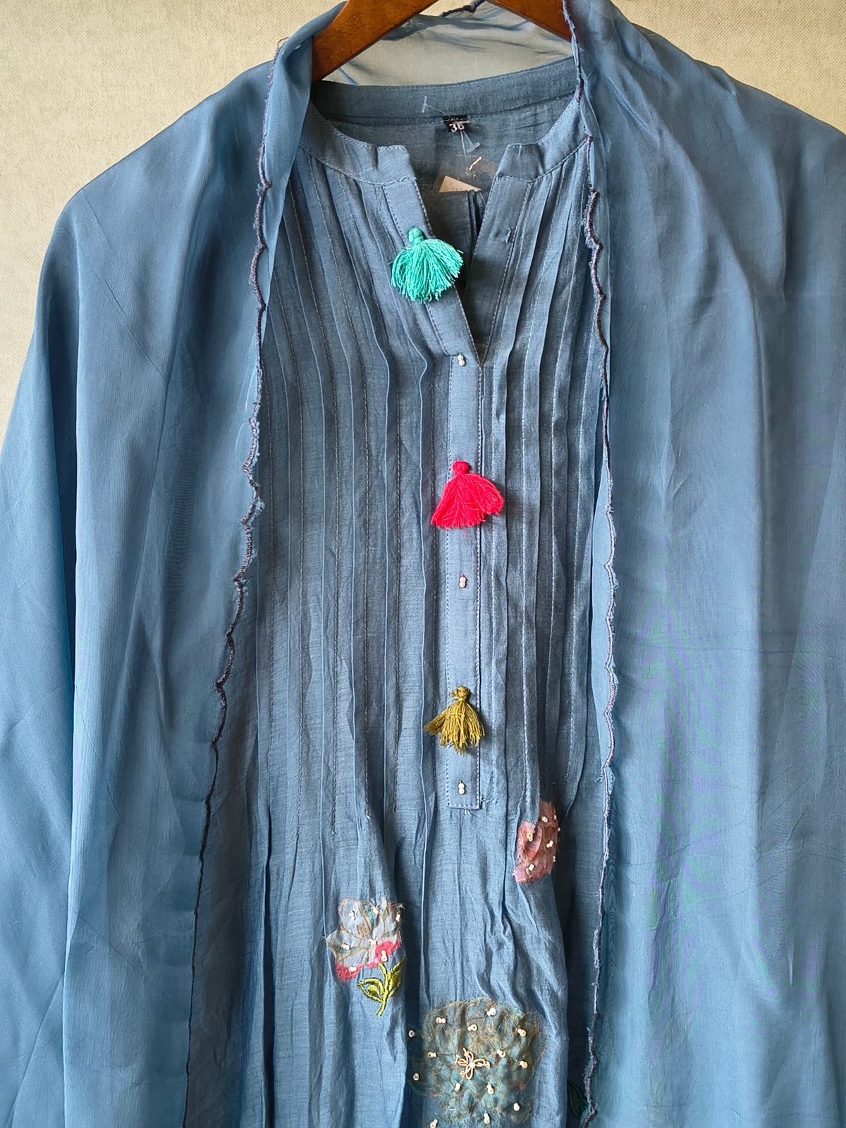Premium Steel Blue Embroidered Straight Kurta with Dhoti Pants & Embroidered Organza Dupatta Set