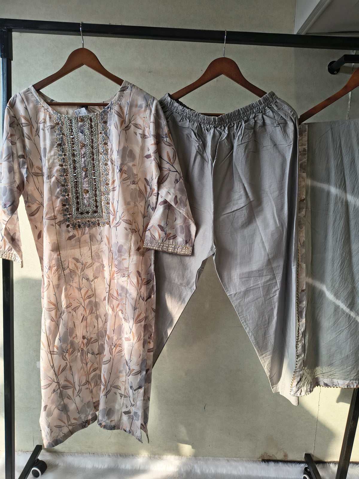 Premium Pastel Floral Printed Kurta Set with Embellished Yoke & Chiffon Dupatta