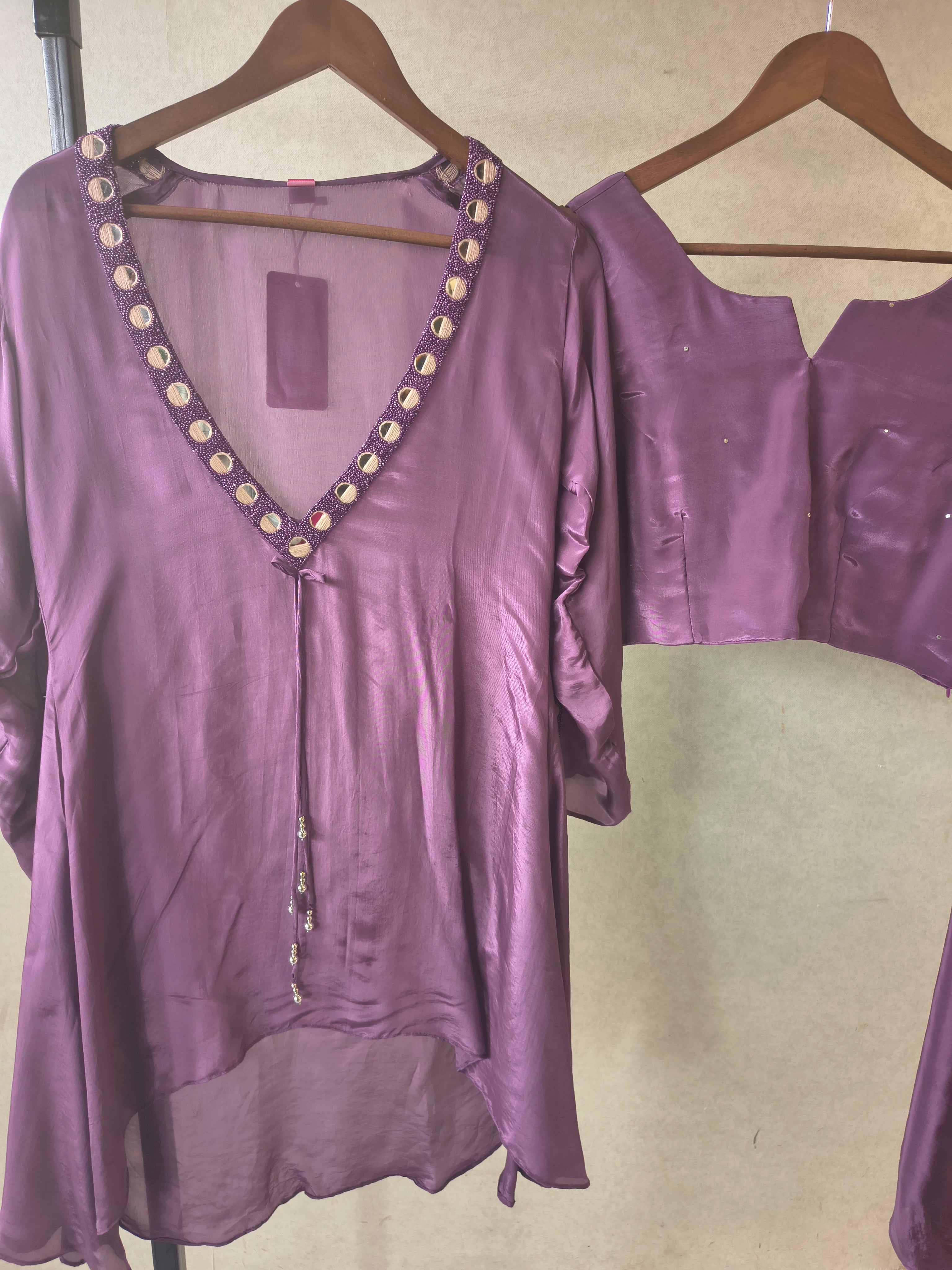 Image of Royal Plum Embellished High-Low Tunic with Sleeveless Blouse & Wide-Leg Pants – 3 Piece Designer Indo-Western Set