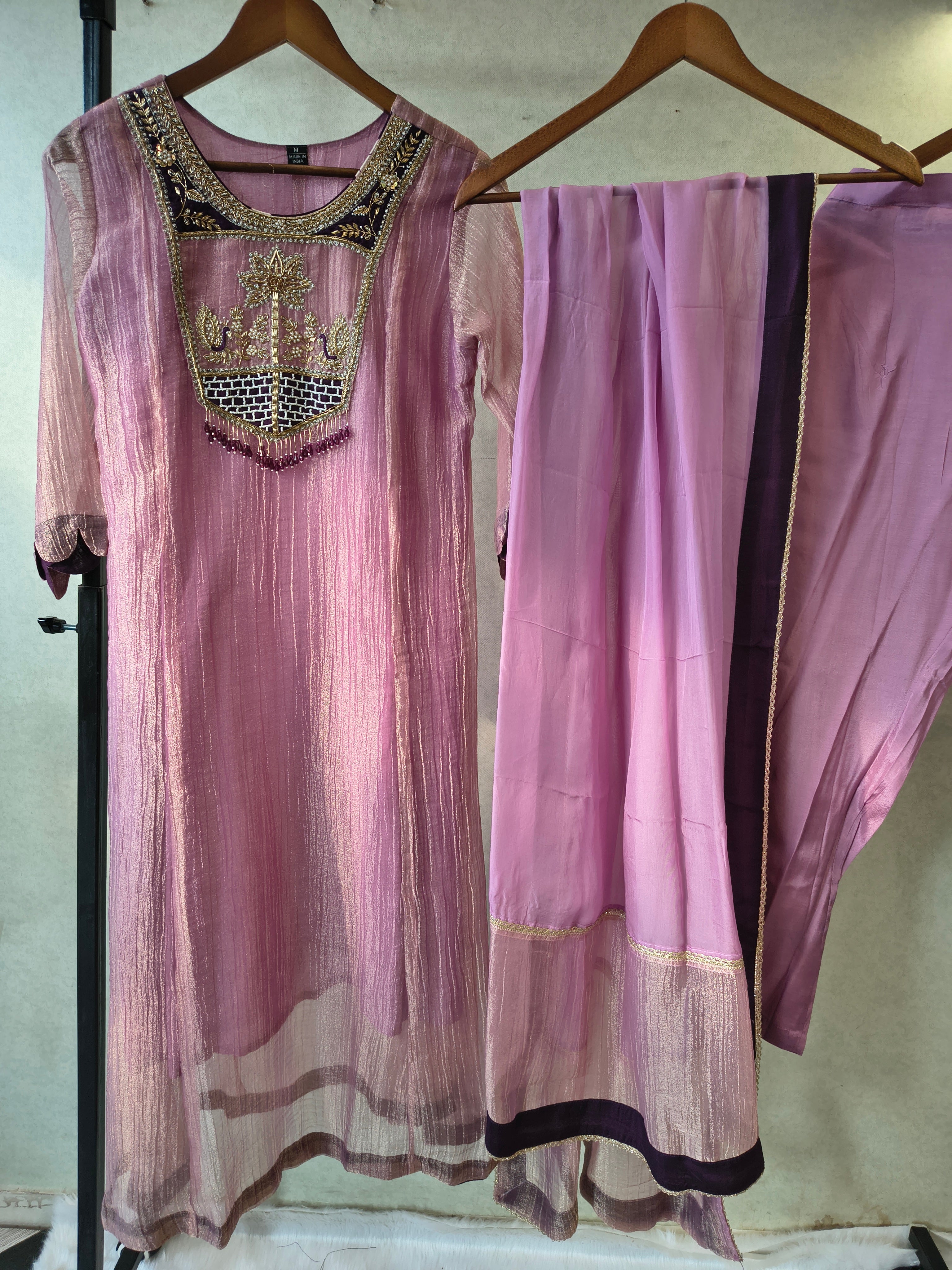Image of Lavender Embroidered Anarkali Kurta Set with Handcrafted Statement Yoke & Organza Dupatta | Premium 3 Piece Ethnic Ensemble