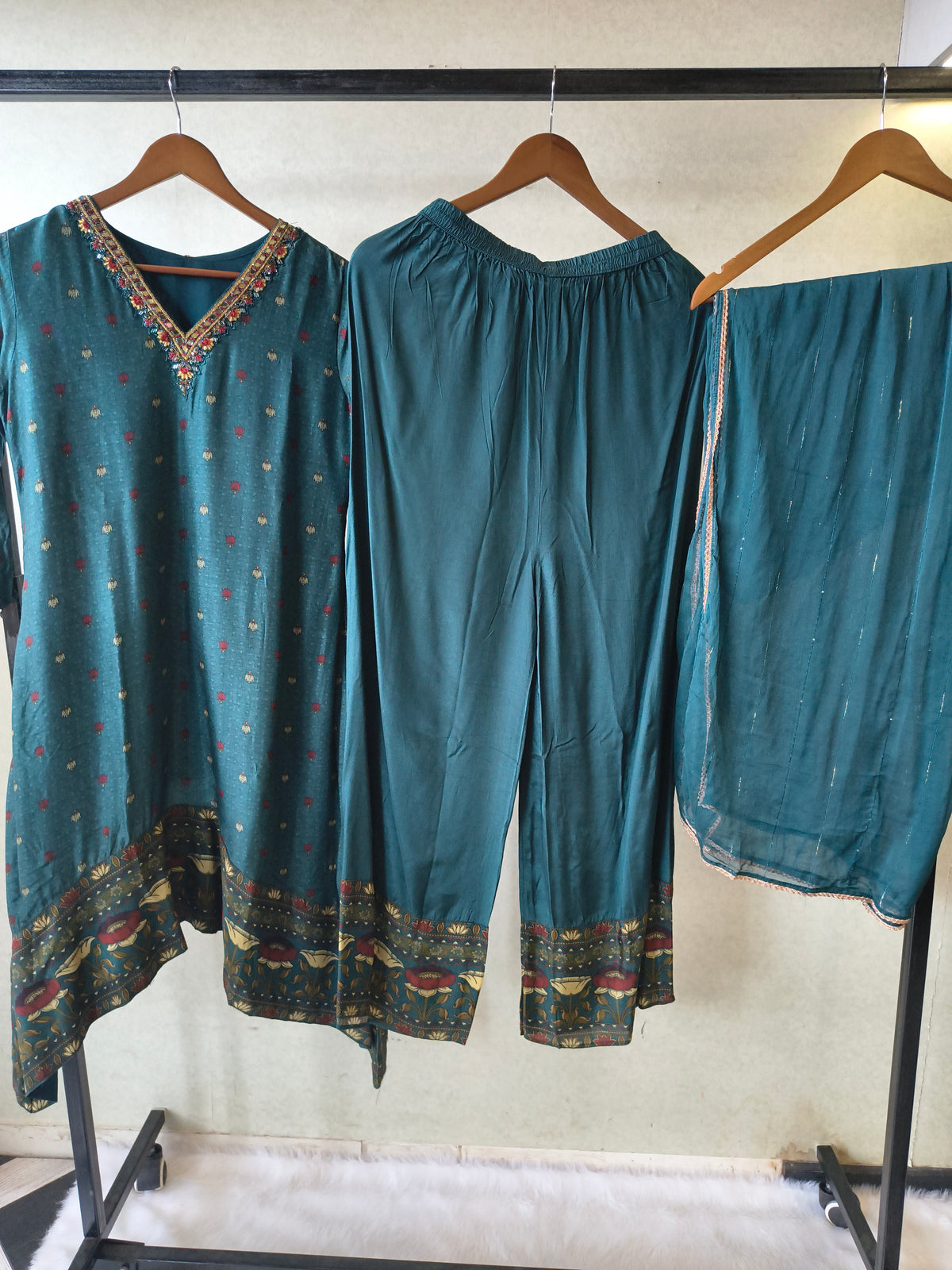 Premium Teal Printed Straight Kurta with Palazzo & Dupatta Set
