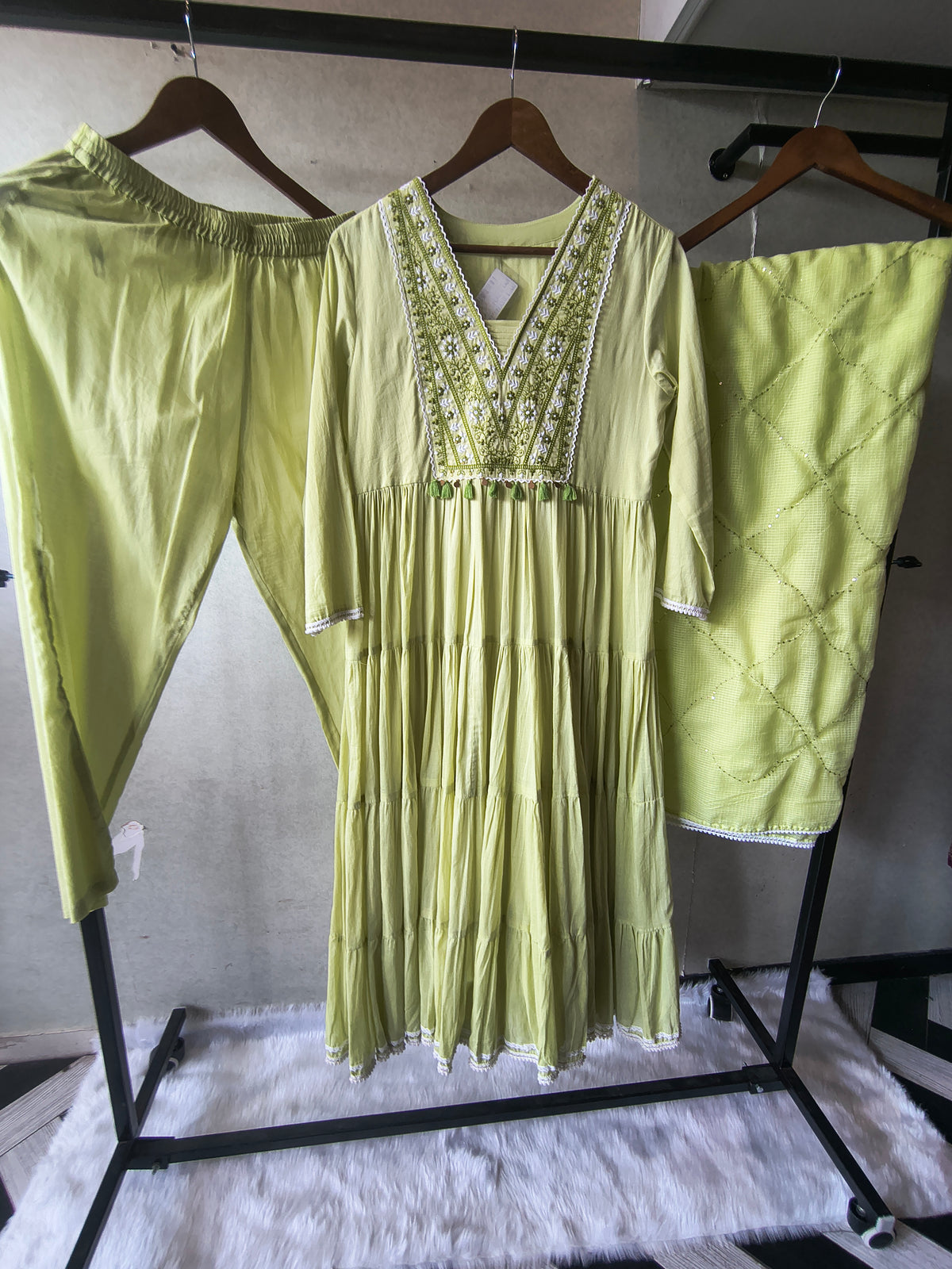 Lime Green Cotton Tiered Kurta Set with Embroidered Yoke & Quilted Dupatta