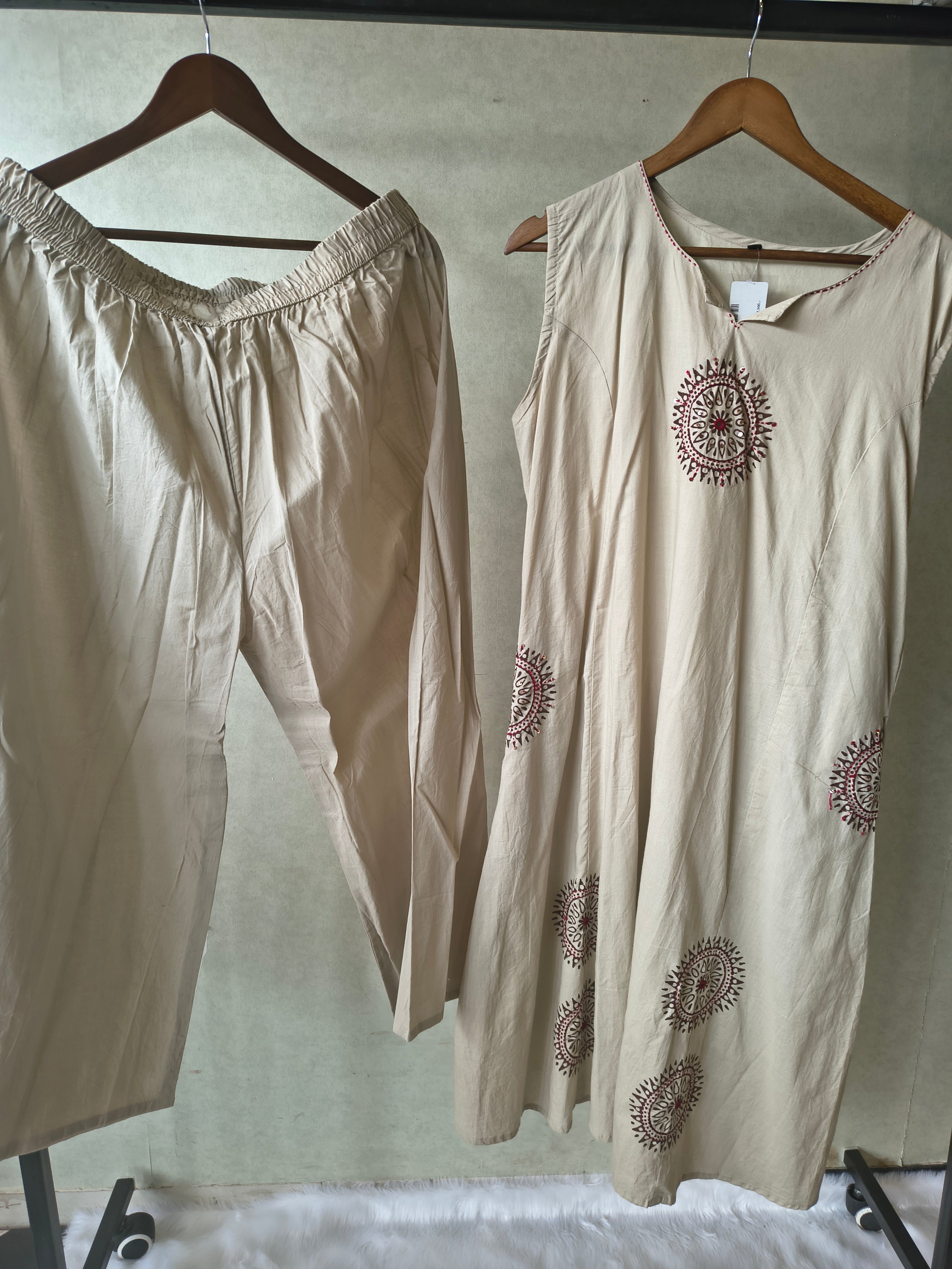 Image of Premium Beige Hand Block Motif A-Line Kurta Set with Straight Pants