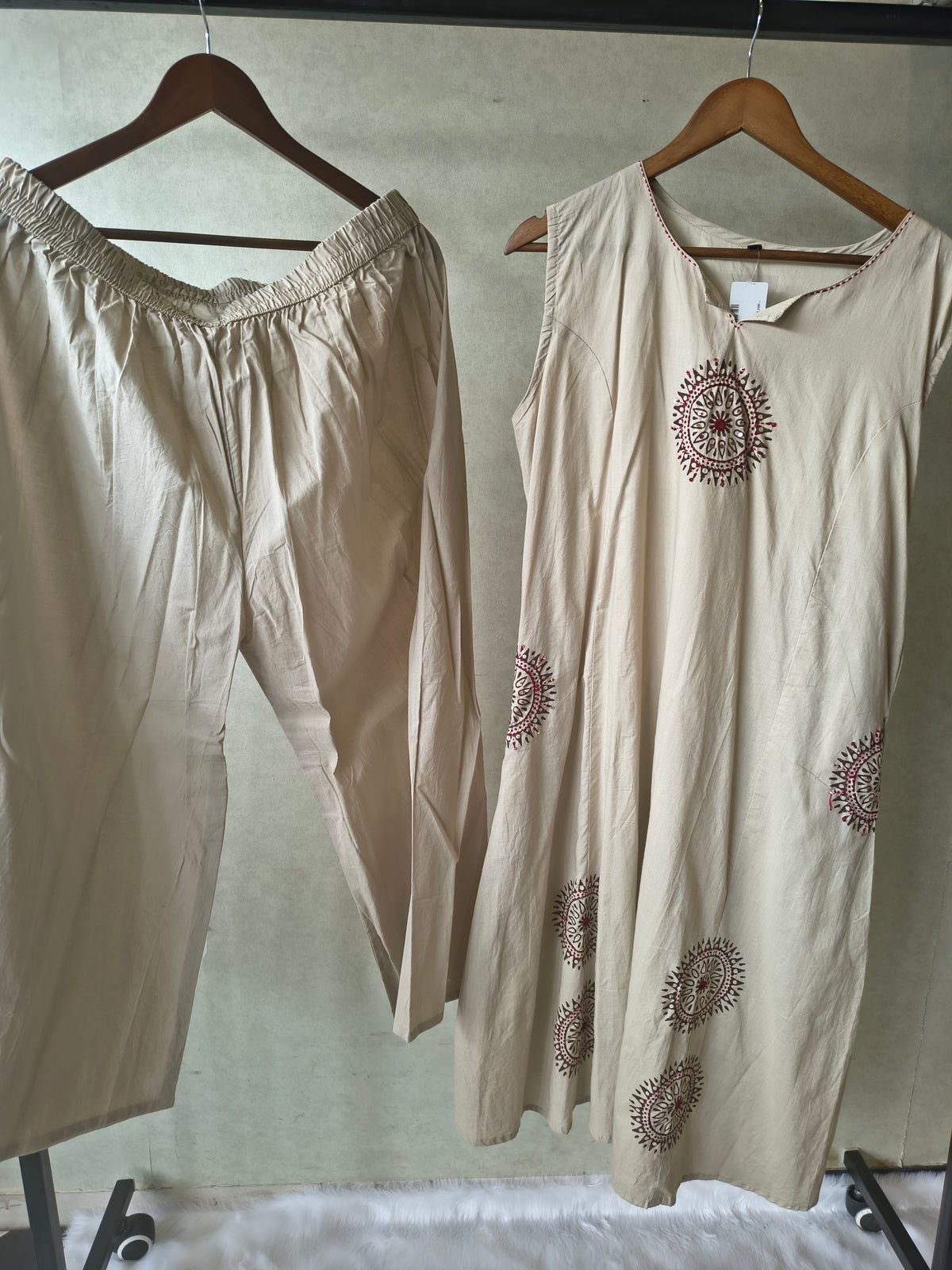 Premium Beige Hand Block Motif A-Line Kurta Set with Straight Pants